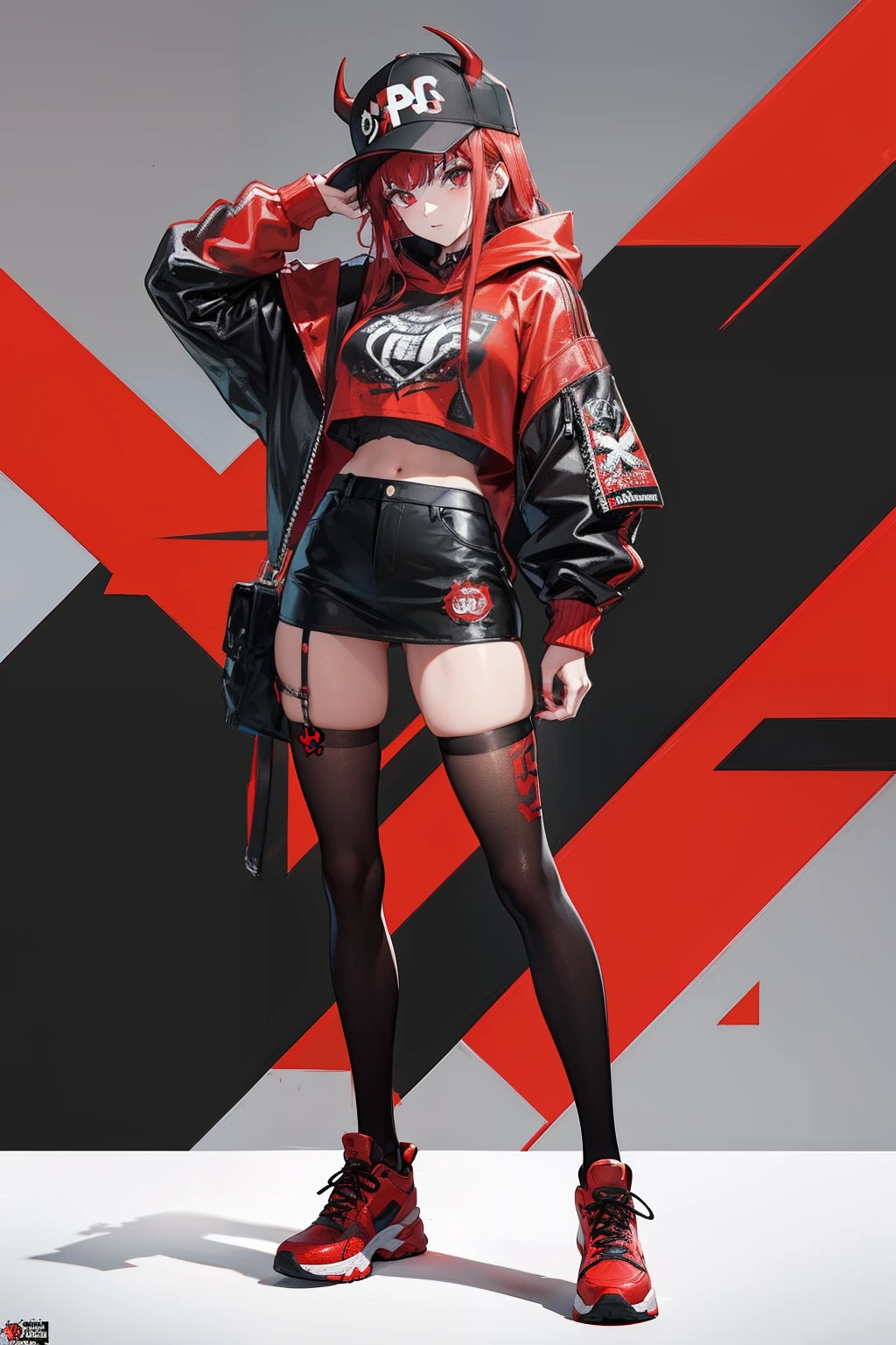 Amazing hardcore 20 yo girl with red cap and horns, arrasando com um look streetwear descolado inspirado na paleta Collor Persona 5. Mostre-a em uma foto de corpo inteiro, portraying her as a suburban anime superheroine in a dynamic key visual.