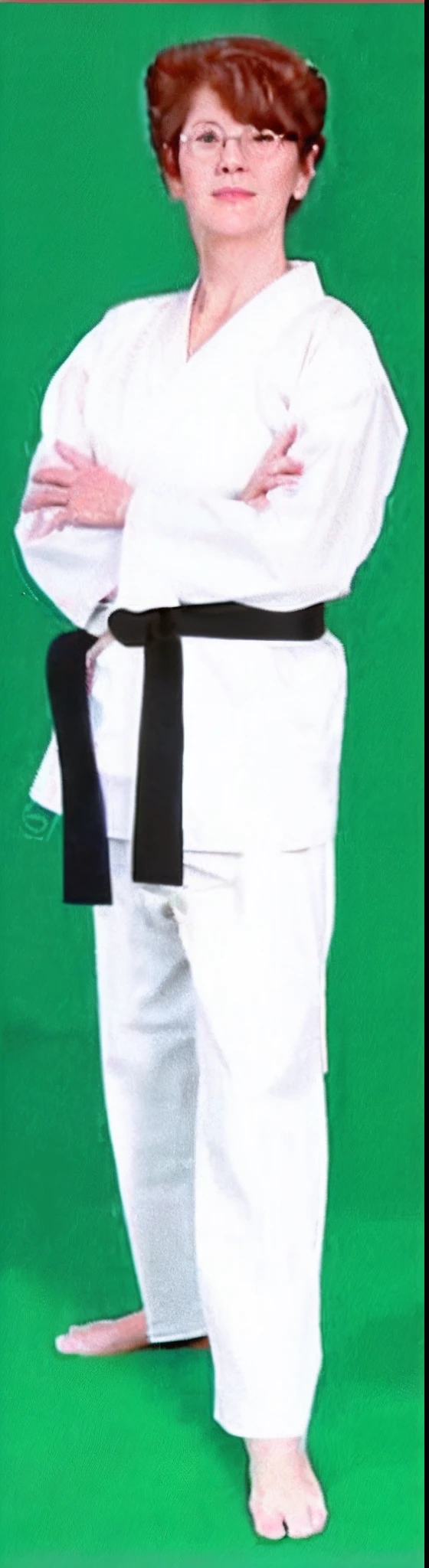 elderly spectacled woman in white kimono standing with arms crossed, karate outfit, black belt, wearing a white gi, karate, white uniform, inspired by Masamitsu Ōta, inspired by Gatōken Shunshi, inspired by Tōichi Katō, inspired by Shibata Zeshin, karate pose, belts & velcro galore