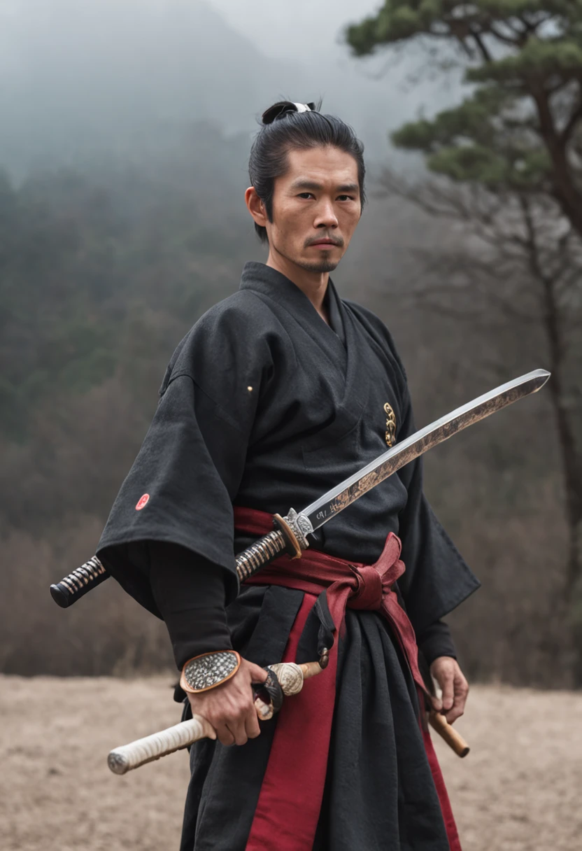 Foto completa,A Japanese sword master from the Sengoku period holding a katana stands in a beautiful white background pose,roupas indigenas, Ultra High Definition, Concedido, A high resolution, textura de alto detalhe, Contraste entre claro e escuro, Cinematic lighting, Obras, ray tracing, estruturalmente correto, super detalhes, alta qualidade, High detail, best quality, 16k, formato chibi