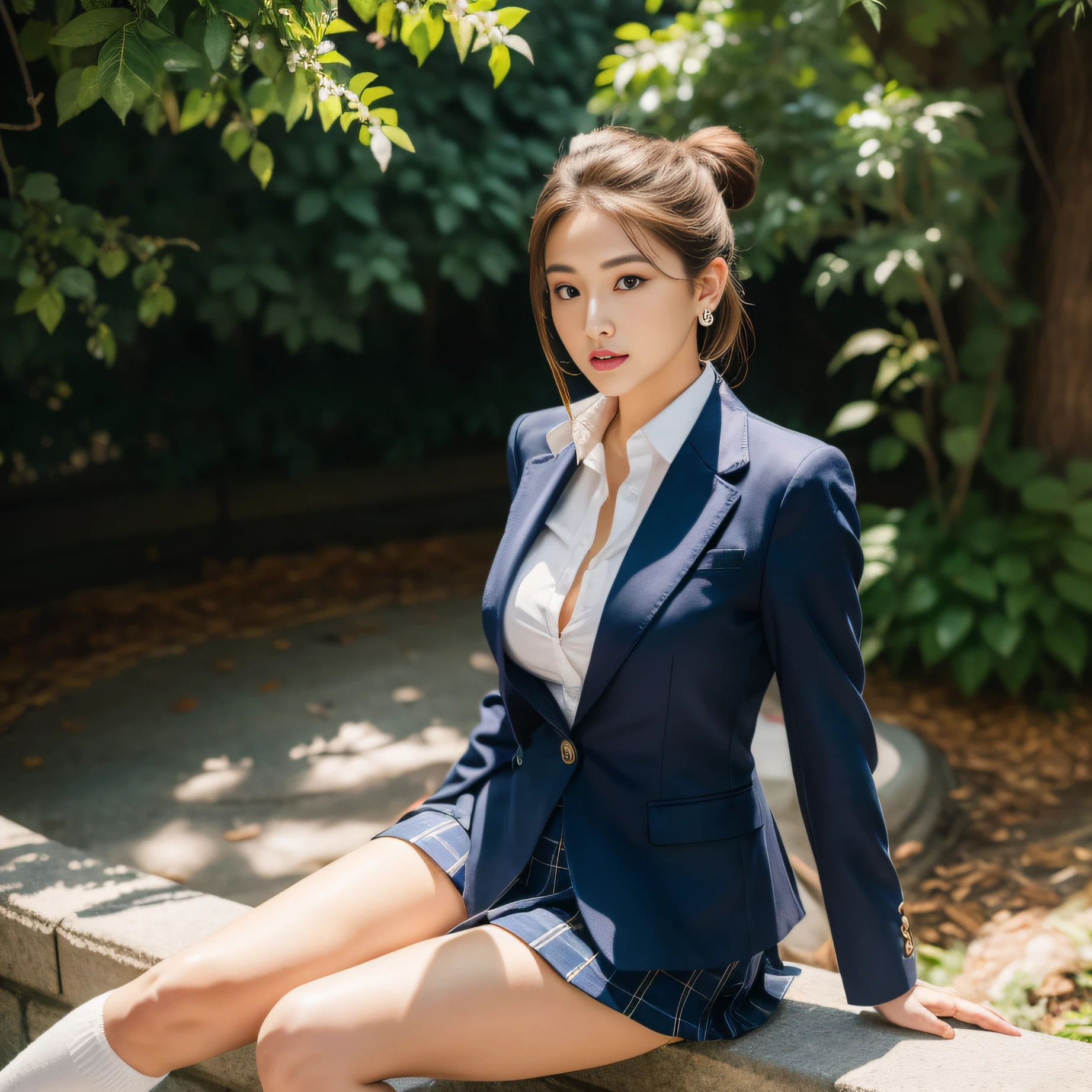 1girl, masterpiece, high quality, 8k, high resolution, perfect art, Navy blue blazer, white unbuttoned shirt, red pleated skirt, knee-high socks, and leather loafers, Temptress, Tall, Fit body, Round Face, Olive Skin, Honey Blonde Hair, hazel Eyes, Narrow Nose, Thick Lips, Round Chin, Long Hair, Thick Hair, Bun, round breasts, small breasts, Faux gauge earrings, fuchsia metallic lipstick, Ivy League university campus