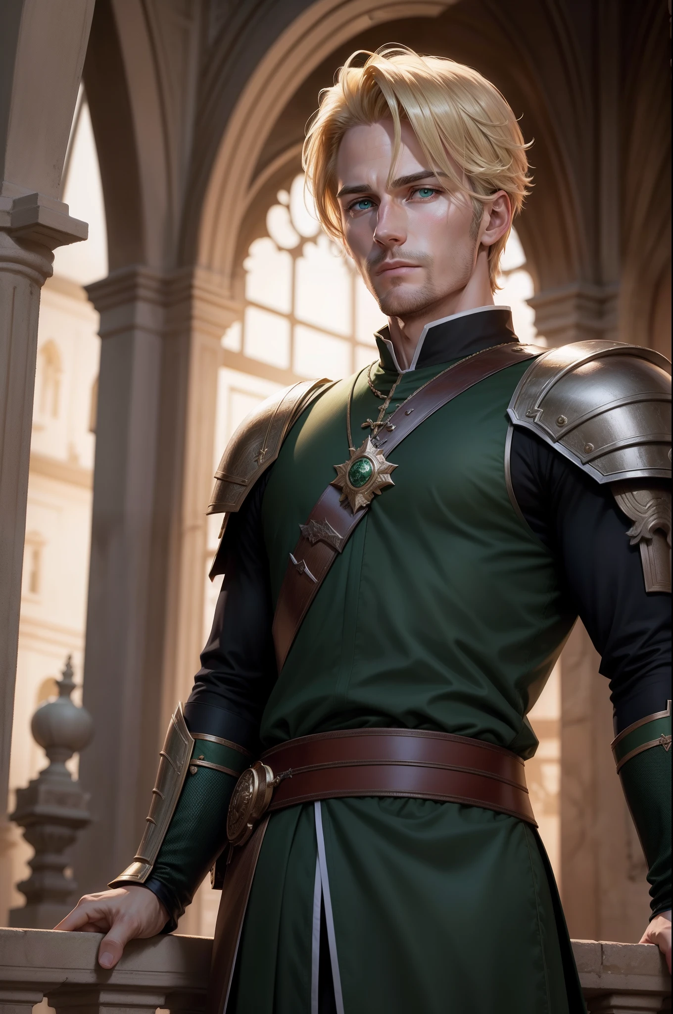 Neels Visser is a prince who has golden blonde hair, wears a moss green medieval military outfit, looking forward with piercing emerald green gaze. full body, Samyang art