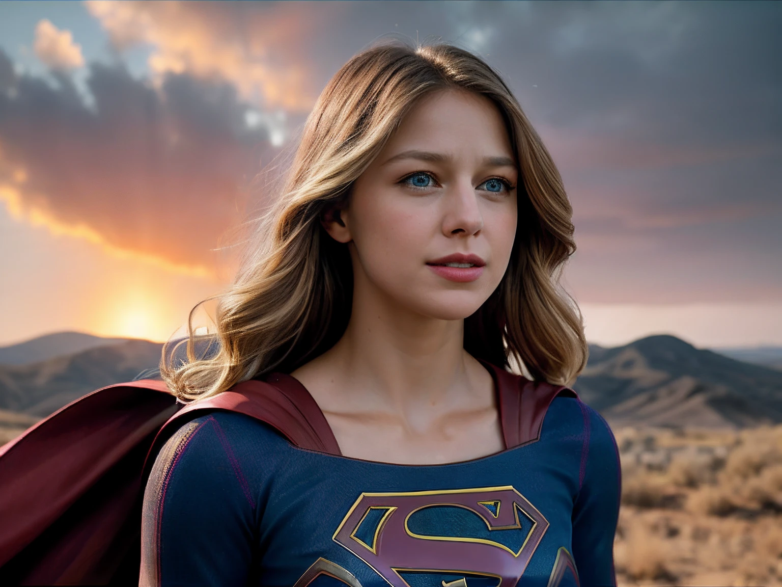 real, photoshoot, realistic, luminescent, atmospheric scene, masterpiece, best quality, (detail skin texture, ultra-detailed body:1.1), RAW photo, (high detailed skin:1.2), 8k uhd, dslr, film grain, Fujifilm XT3,
1girl, melissabenoist-smf, blonde hair, blue eyes, realistic, blurry background, superhero, blurry, long hair, lips, jewelry, upper body, collarbone, solo, red cape, (Melissa benoist as supergirl, blonde hair), (supergirl standing In the aftermath of devastation, a nuclear explosion paints the horizon with fiery intensity. Billowing clouds rise, their ominous shapes an embodiment of raw power unleashed. Blinding light casts stark shadows, and the once-blue sky transforms into a tapestry of fiery hues. The landscape's contours are marred by the relentless force, and the air trembles with the aftershock. The scene is a haunting reminder of the cataclysmic forces that can alter the course of history in an instant), solo focus, depth of field, (smile:1.2), looking at viewer, sunlight rays, armor