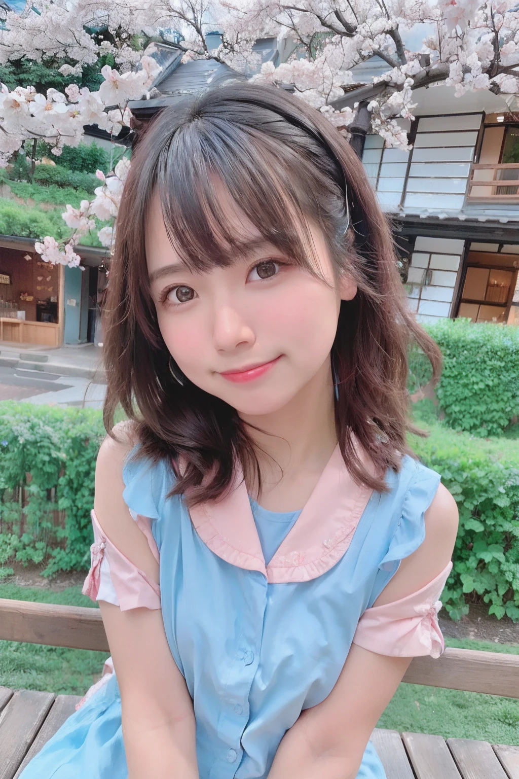 1girl, , Famous idol, 1cute girl, very young face, detailed face, cute face, master piece , best quality , woman , bowler hat , bangs , smile , outdoor, Shiny platinum blonde silky super short hair, side locks, beautiful shiny bangs, big clear sky blue eyes, very beautiful light eye highlights, earrings,