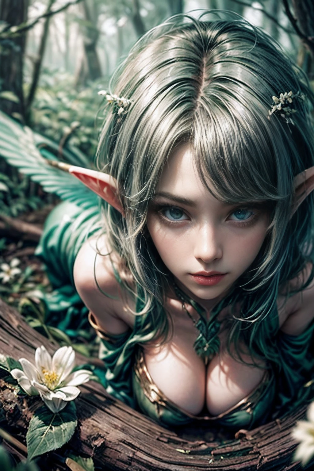 (((A wood elf hovers over the forest, view from bottom ))) green hair, petite body, Radial glow, white fern flowers, optical, Panoramic illumination, atmospheric perspective, dawning, Smoothing: 5d, Light painting, Color, beatiful face, Clear facial features, symmetrical transparent wings, Stunning details