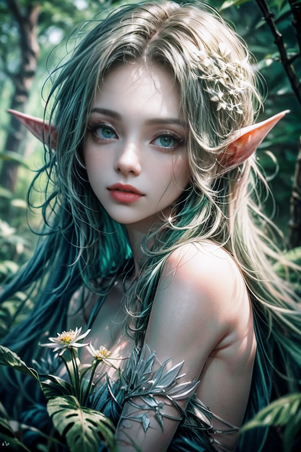 (((A wood elf hovers over the forest, view from bottom ))) green hair, petite body, Radial glow, white fern flowers, optical, Panoramic illumination, atmospheric perspective, dawning, Smoothing: 5d, Light painting, Color, beatiful face, Clear facial features, symmetrical transparent wings, Stunning details