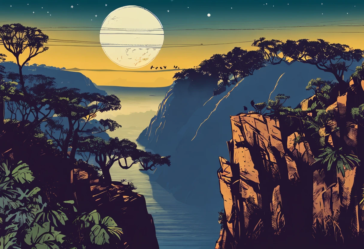 on the right side some vultures flying in circles on the edge of the cliff, flying over the hill of Vista Chinesa, in Rio de Janeiro, dark night, with many shadows, stars and full moon in the sky and many trees descending the cliff