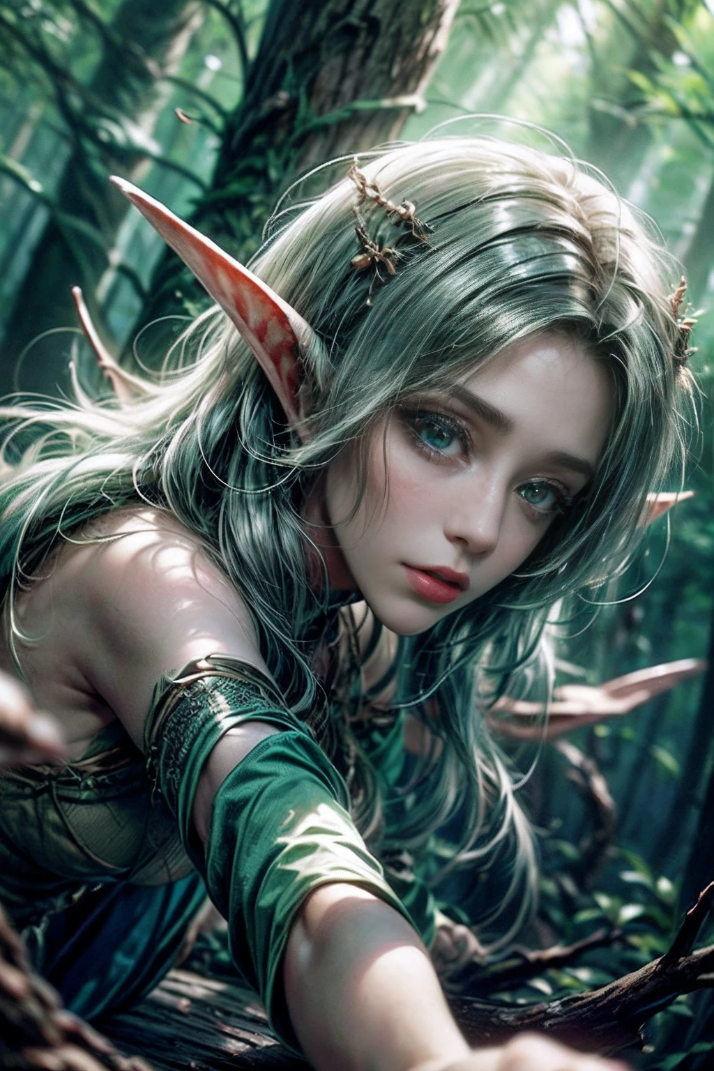 (((A wood elf hovers over the forest, view from bottom, There is a glowing light all around))) green hair, petite body, Radial glow, optical, Panoramic illumination, atmospheric perspective, dawning, Smoothing: 5d, Light painting, Color, beatiful face, Clear facial features, symmetrical transparent wings, Stunning details