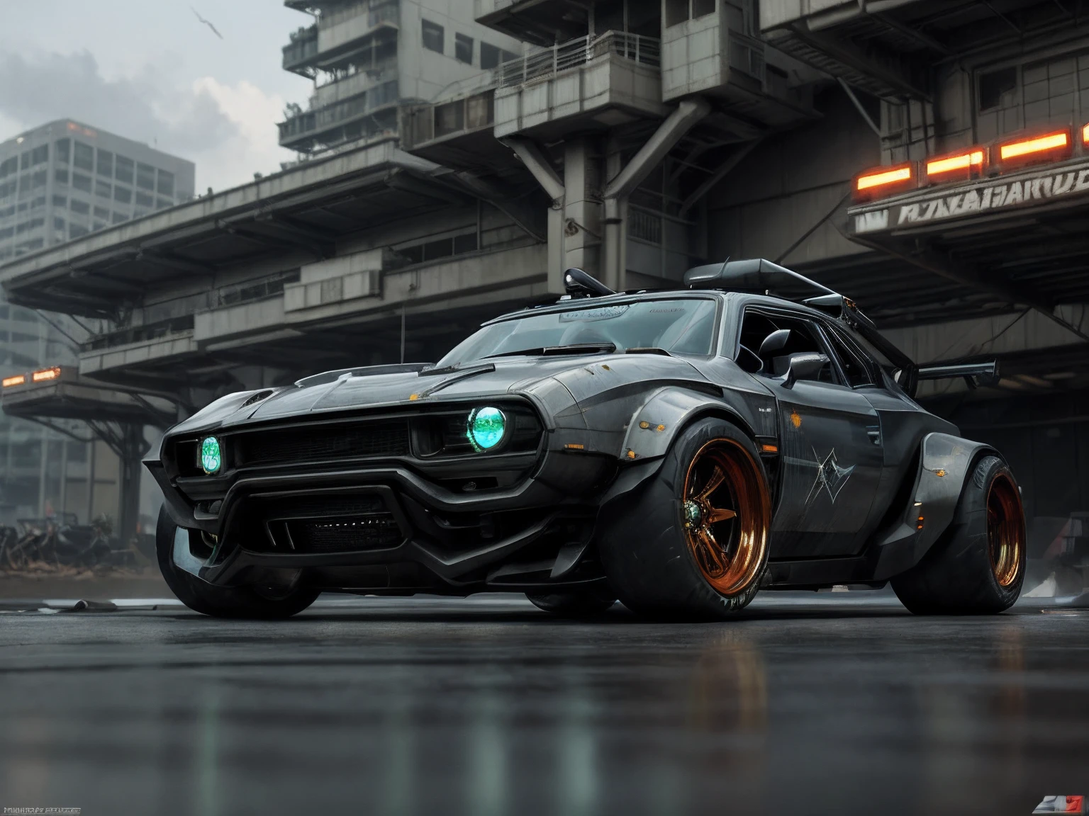 a 3/4 front view of ((futuristic cyberpunk hotrod zeekars)) (with glowing tires), at the parking lot,