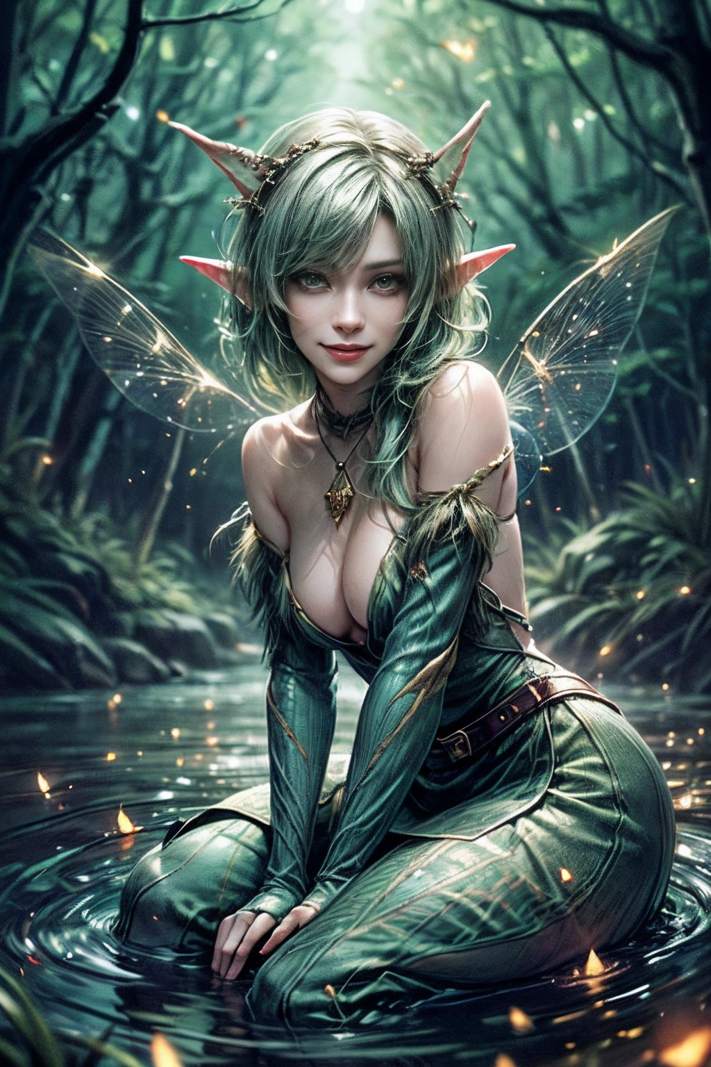 (((A wood elf sits on the bank of a river, Smiling, Fireflies are flying around))) green hair, petite body, Radial glow, optical, Panoramic illumination, atmospheric perspective, dawning, Smoothing: 5d, Light painting, Color, beatiful face, Clear facial features, symmetrical transparent wings, Stunning details