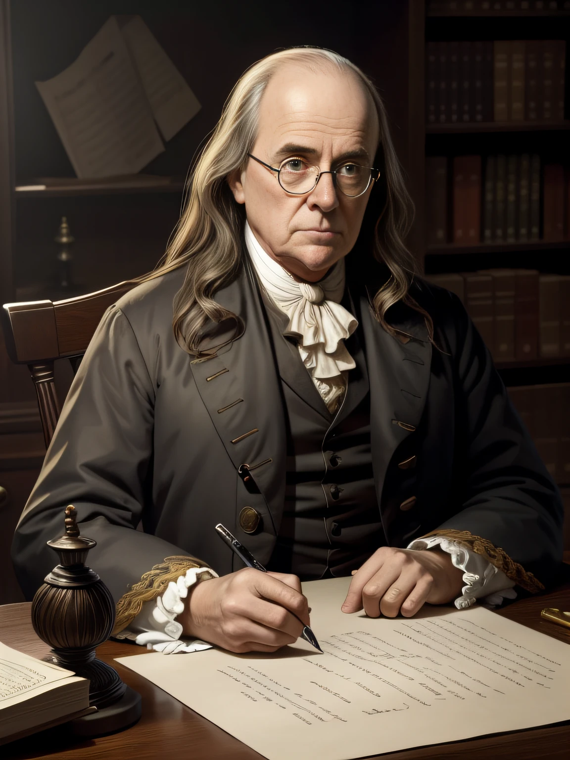 Image portrait of Ben Franklin in a scene from the late 18th century, when the United States of America was just emerging as a new nation. You see a man with a bald head and long gray hair, wearing a dark coat and a white shirt. He is sitting at a wooden desk, surrounded by books and papers. He is holding a quill feather pen in his right hand, and writing something on a sheet of paper. On the desk, there is a candle in a metal holder, casting a warm light on his face. He looks serious and thoughtful, as if he is composing an important document or letter.