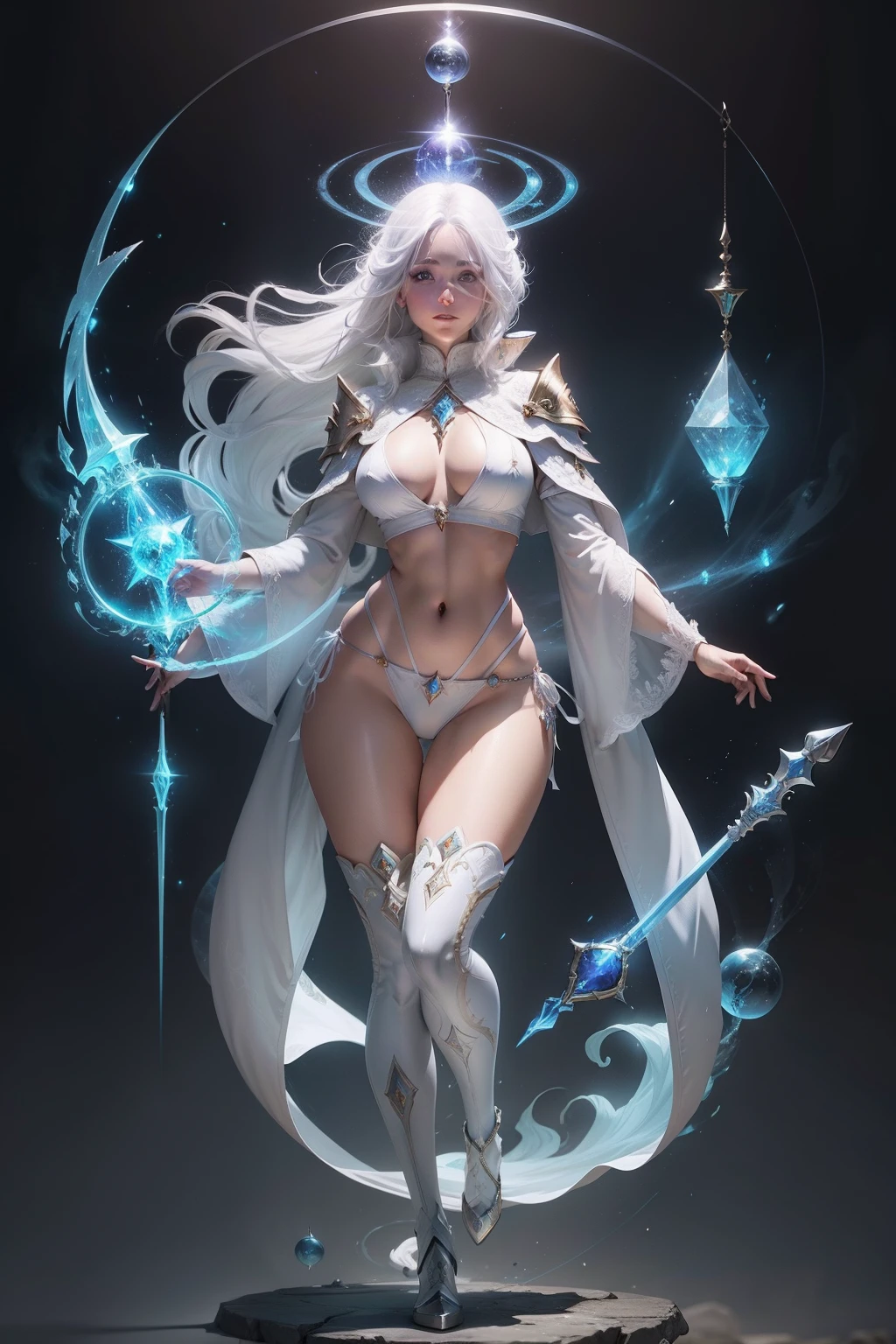 white haired female battlemage with hourglass figure and magical staff in bikini, magical tome floating