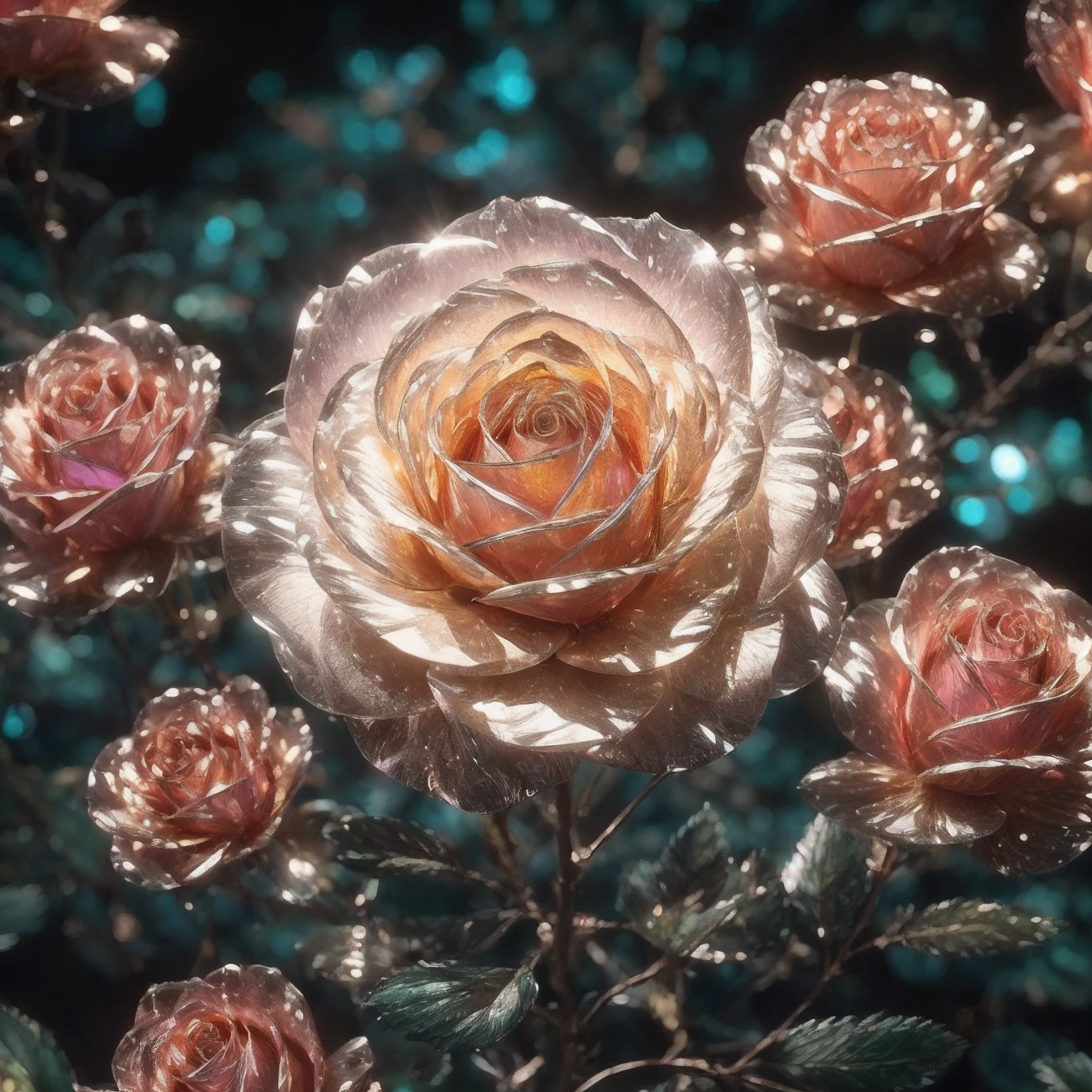 Crystal Blossom Rose， Fanciful, intergalactic, cleanness, kirakira, kirakira, Gorgeous, Colorful, amazing photo, dramatic  lighting, photorealisim, ultra - detailed, 4K, depth of fields, hight resolution、no humans