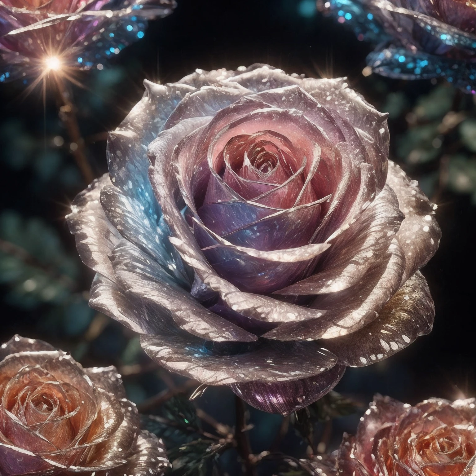 Crystal Blossom Rose， Fanciful, intergalactic, cleanness, kirakira, kirakira, Gorgeous, Colorful, amazing photo, dramatic  lighting, photorealisim, ultra - detailed, 4K, depth of fields, hight resolution、no humans