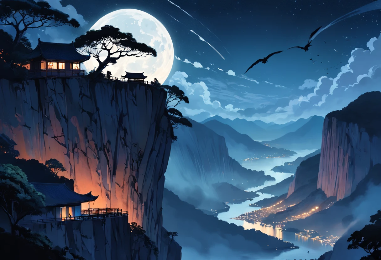 on the right side some vultures flying in circles on the edge of the cliff, flying over the hill of Vista Chinesa, in Rio de Janeiro, dark night, with many shadows, stars and full moon in the sky and many trees descending the cliff