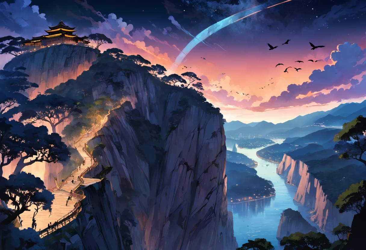 on the right side some vultures flying in circles on the edge of the cliff, flying over the hill of Vista Chinesa, in Rio de Janeiro, dark night, with many shadows, stars and full moon in the sky and many trees descending the cliff
