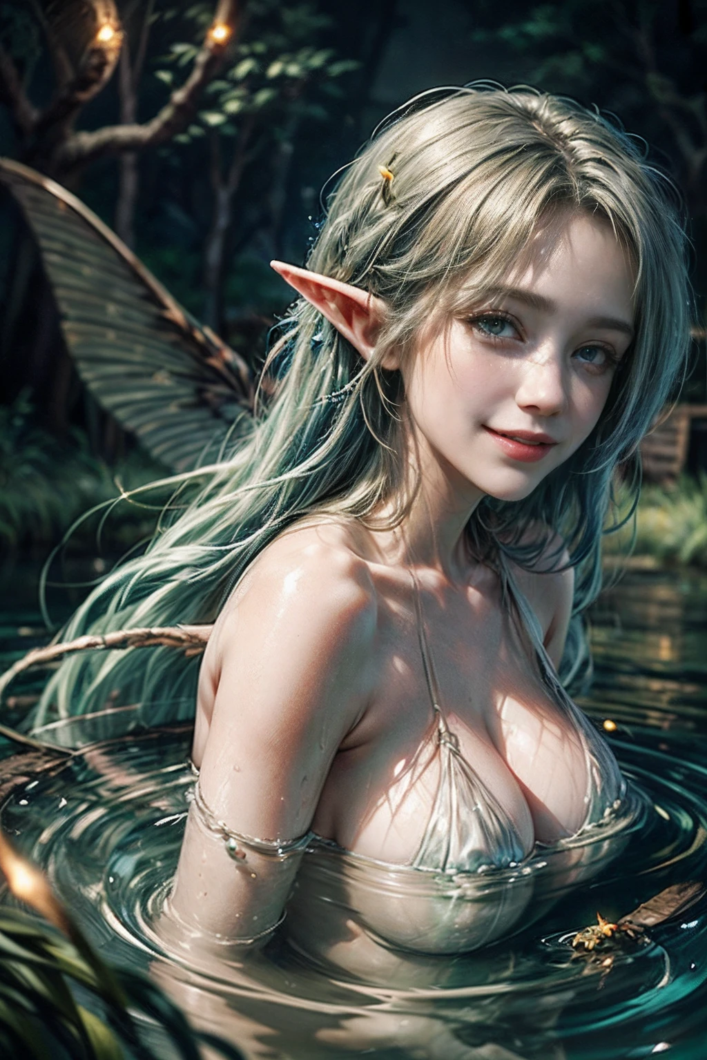 (((Wood elf bathes in the river and smiles, Fireflies fly around))) green hair, petite body, Radial glow, optical, Panoramic illumination, atmospheric perspective, dawning, Smoothing: 5d, Light painting, Color, beatiful face, Clear facial features, symmetrical transparent wings, Stunning details