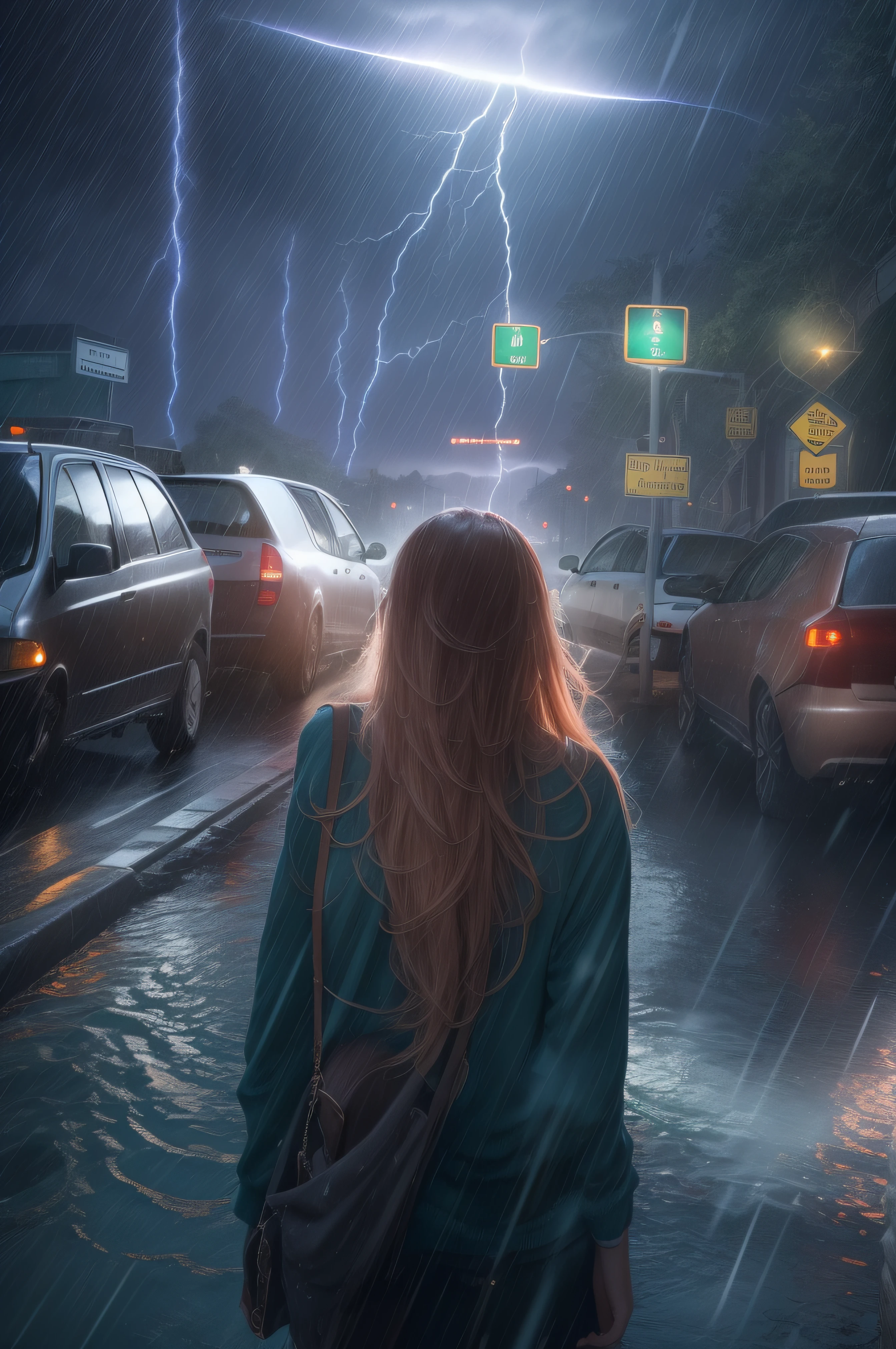 A very violent current plagues the staff. bright lightning beams flash through the sky everywhere. There is also a violent wind, and the water are everywhere at and height of 130 centimeters. Four women with exceptionally long very wet hair and huge breasts on the way to their daily work, waiting for the bus on a busy street. Dressed in very wet and strict office wear, super detailed photography, Play of light in the sun rain, downpour, ((a drop of water falling from a height onto the surface of the water)), splashes, luminism, intricate, 4k concept art volumetric light, unrealistic engine, global illumination, detailed environment.