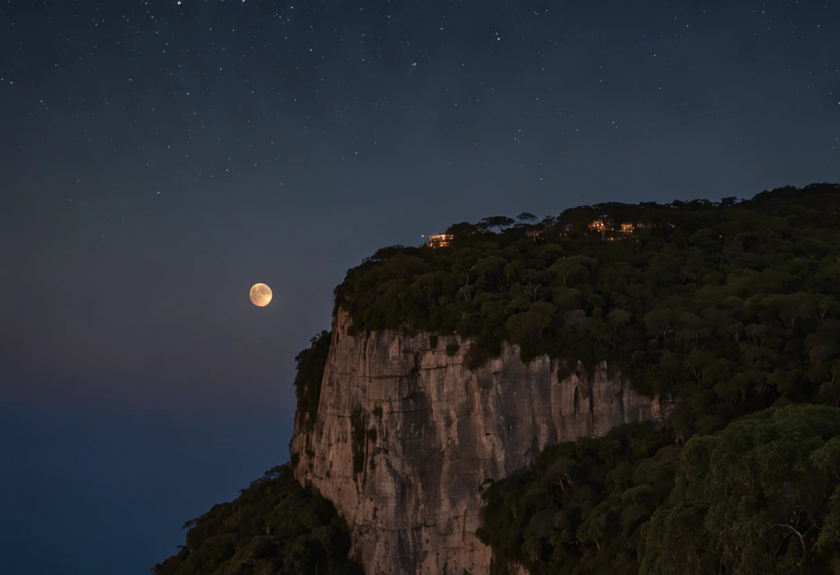 on the right side some vultures flying in circles on the edge of the cliff, flying over the hill of Vista Chinesa, in Rio de Janeiro, dark night, with many shadows, stars and full moon in the sky and many trees descending the cliff