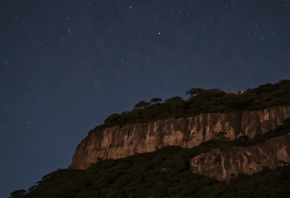 on the right side some vultures flying in circles on the edge of the cliff, flying over the hill of Vista Chinesa, in Rio de Janeiro, dark night, with many shadows, stars and full moon in the sky and many trees descending the cliff