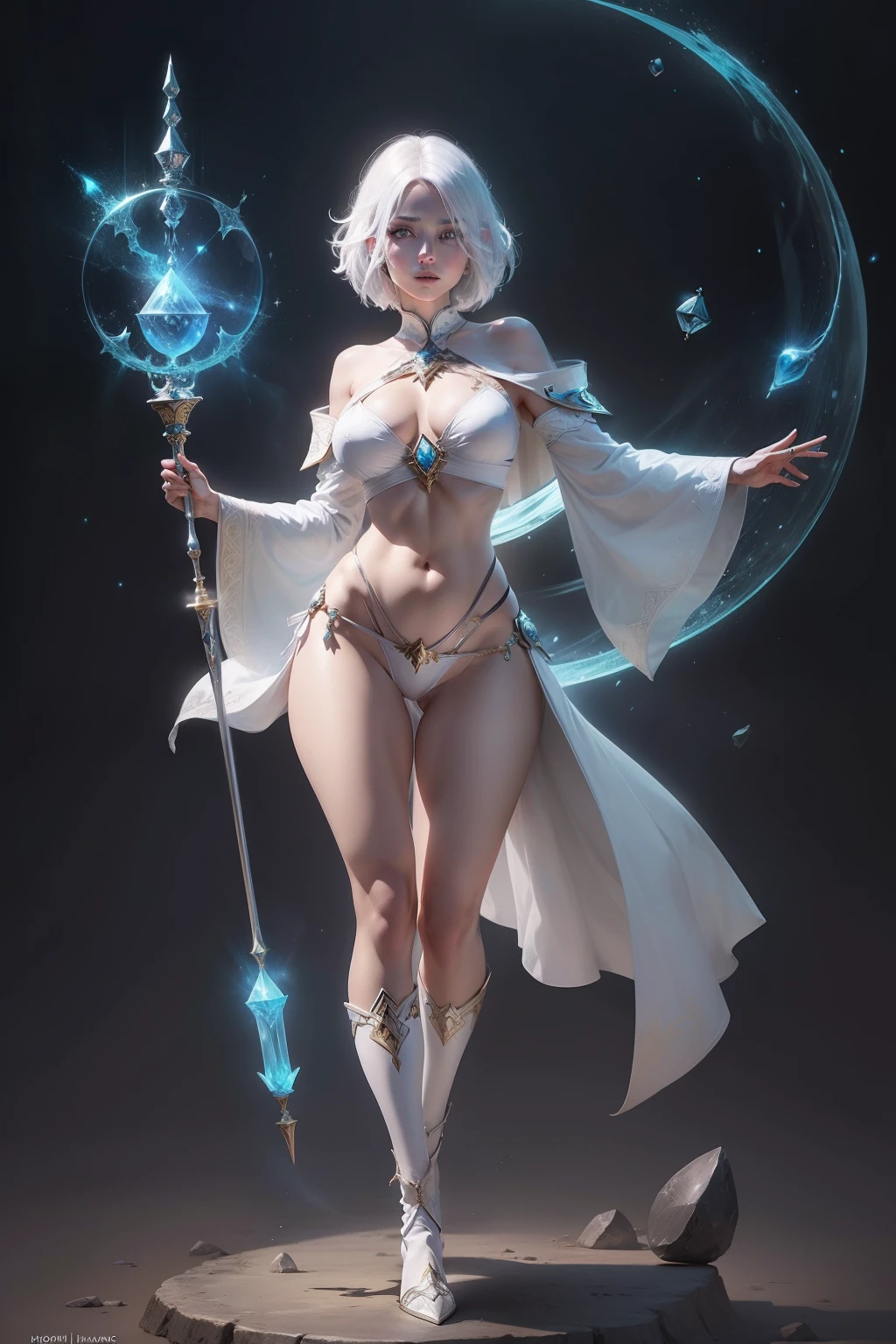 white haired female battlemage with hourglass figure and magical staff in bikini, magical tome floating