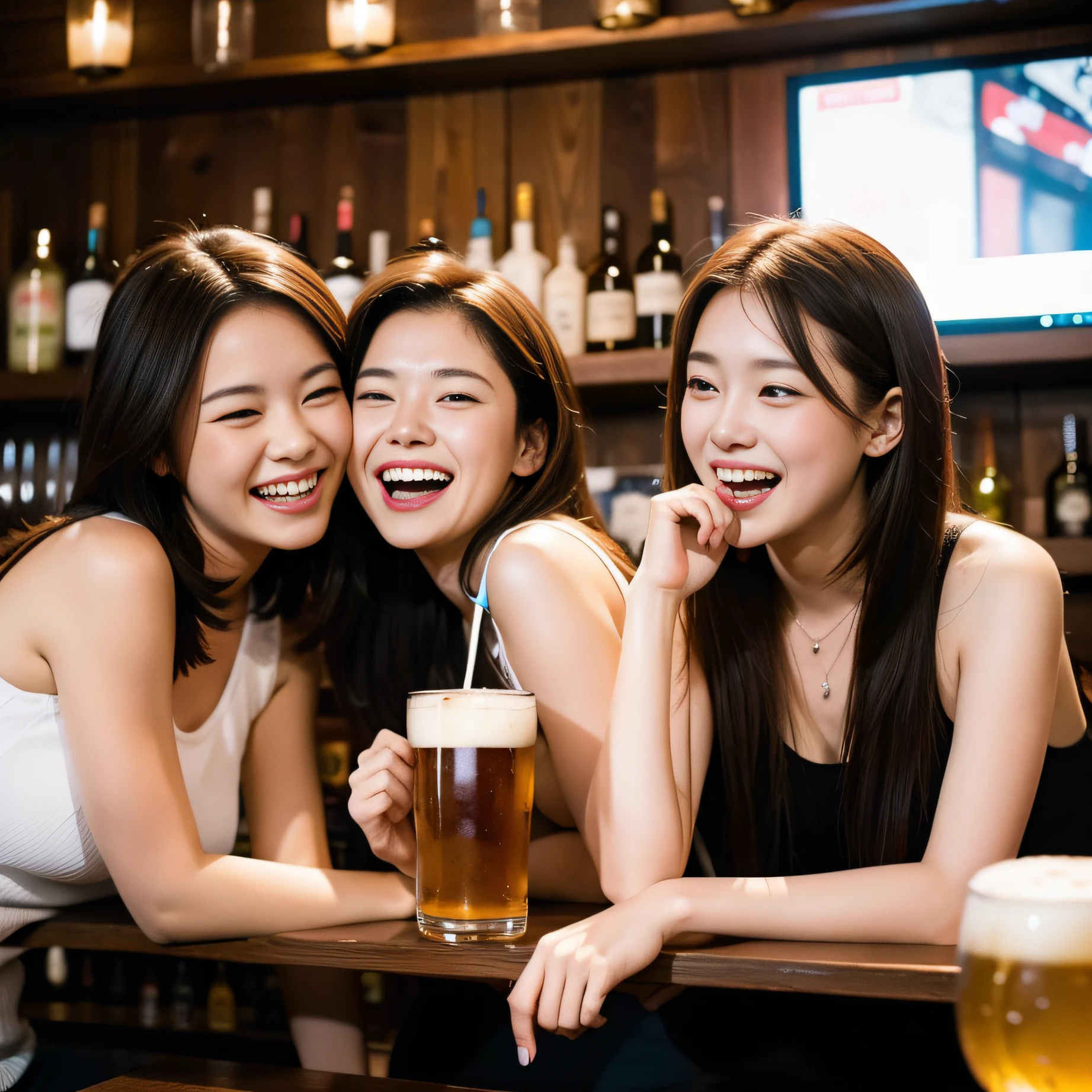 (best quality, masterpiece), 2girls, drinking beer at a bar with her friends, laughing