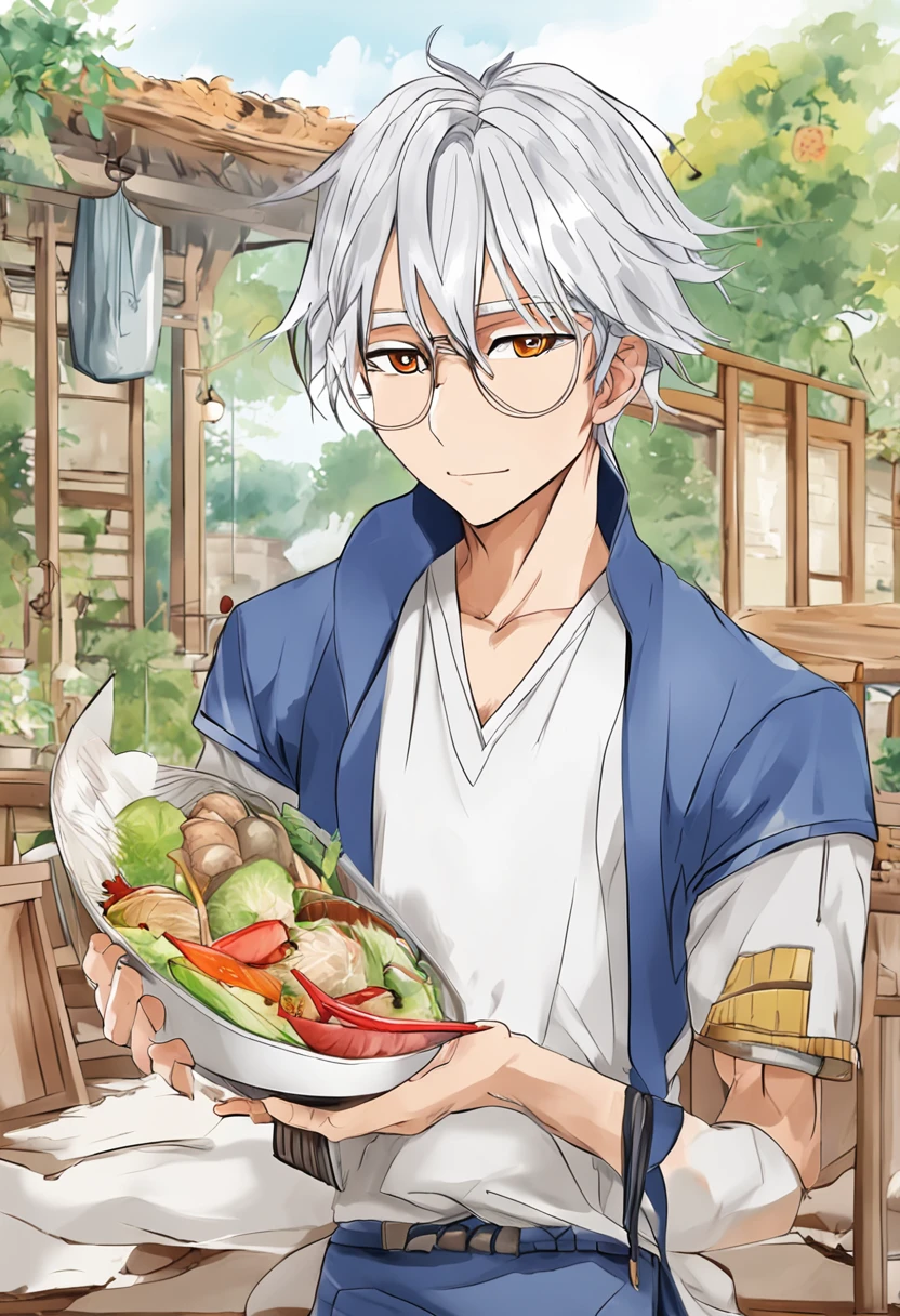 Image of Alafard of a man holding a tennis racket and a box of food, Inspired by Bian Shoumin, white haired Cangcang, White-haired, 2 0 2 2 anime style, 2022 anime style, kaworu nagisa, Tall anime guy with blue eyes, xqc, inspired by Kun Can, Silver hair (pony tails), High-quality fanart