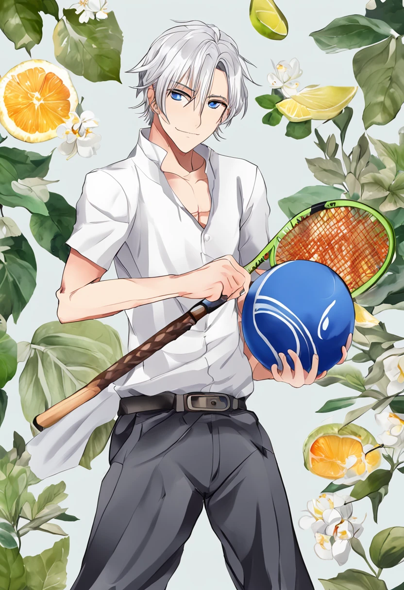 Image of Alafard of a man holding a tennis racket and a box of food, Inspired by Bian Shoumin, white haired Cangcang, White-haired, 2 0 2 2 anime style, 2022 anime style, kaworu nagisa, Tall anime guy with blue eyes, xqc, inspired by Kun Can, Silver hair (pony tails), High-quality fanart