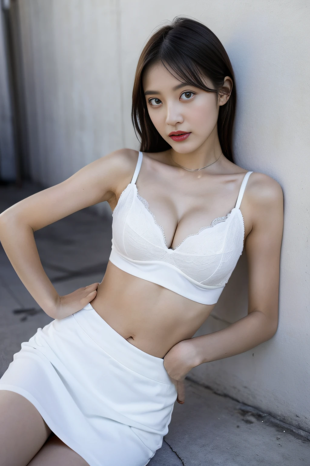 Girl posing for photo in white bra and tight short skirt，full body Esbian，legs are open，with cropped T-shirt、bra very，Slim body，Bigger bust，Slim Girl Model，24 year old female model，Lying on the construction site，Group of black men watches