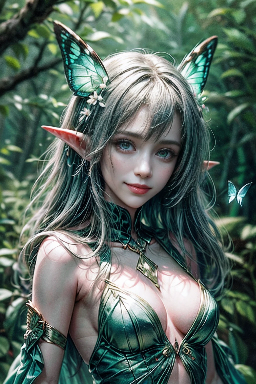 (((Wood Elf, Smiling, catching butterflies in the forest ))) green hair, petite body, Radial glow, white fern flowers, optical, Panoramic illumination, atmospheric perspective, dawning, Smoothing: 5d, Light painting, Color, beatiful face, Clear facial features, symmetrical transparent wings, Stunning details
