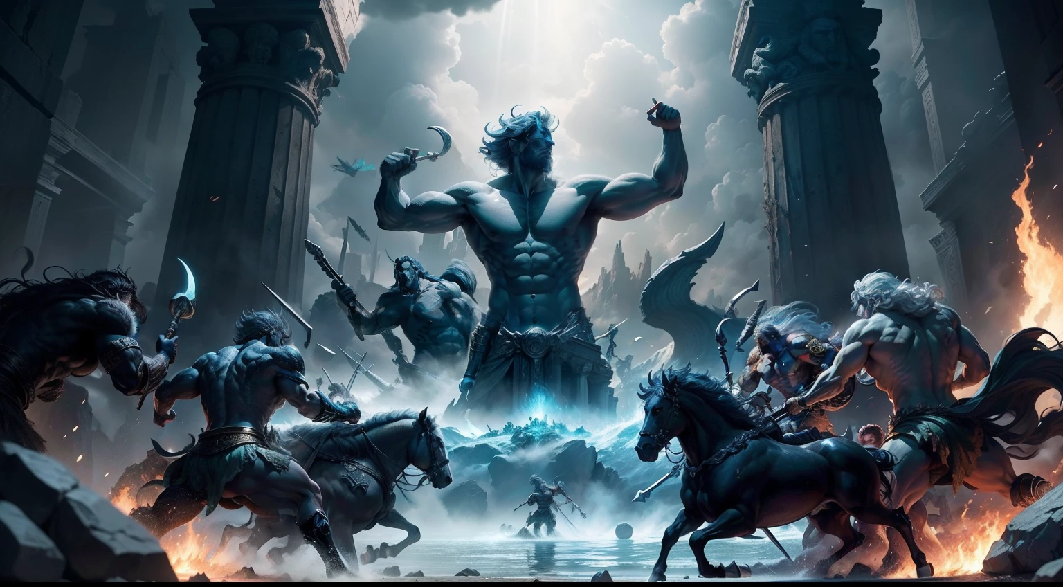 A clash of titans in which Poseidon and Zeus clash tridents in a fierce battle of wills.
