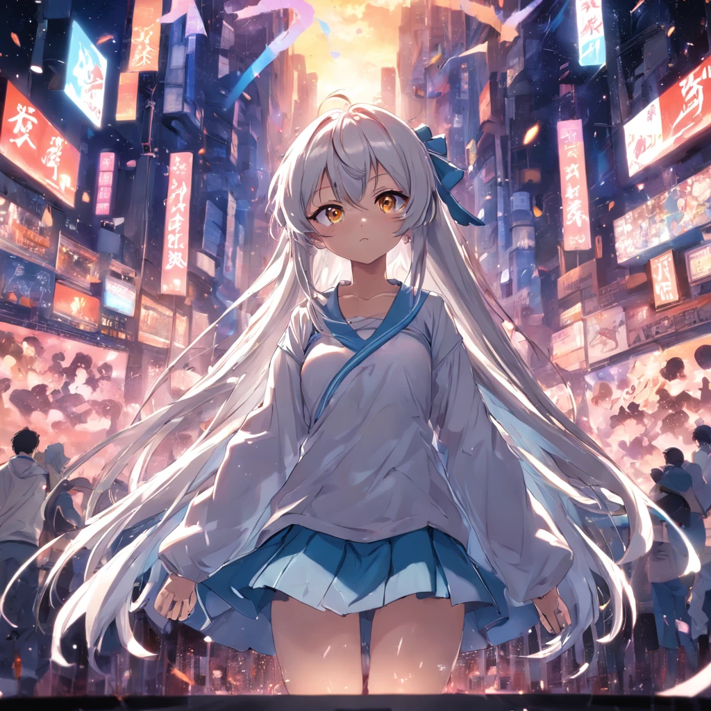 anime girl with long hair and a white shirt posing