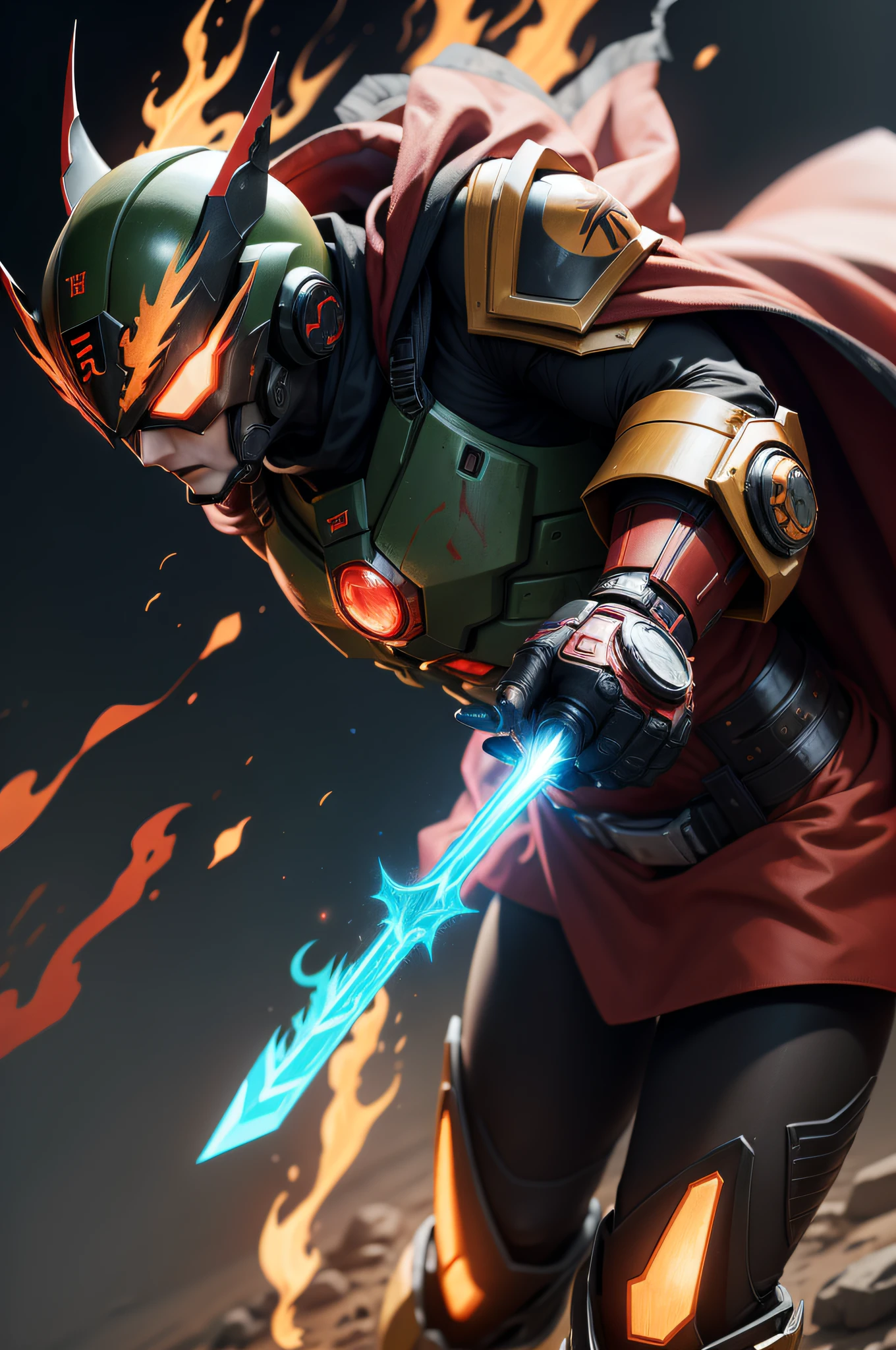Create a costume for the Fire Kamen Rider boy that radiates power and heat. Describe in detail the predominant colors, the flame patterns on the shoulder pads, gloves and boots, the design of the helmet with a flaming visor and the flame symbol on the chest A mech, V-shaped mechanical helmet, green light on the eye area, wearing a mech suit, red torn cloak swaying in the wind, a green glowing broad sword