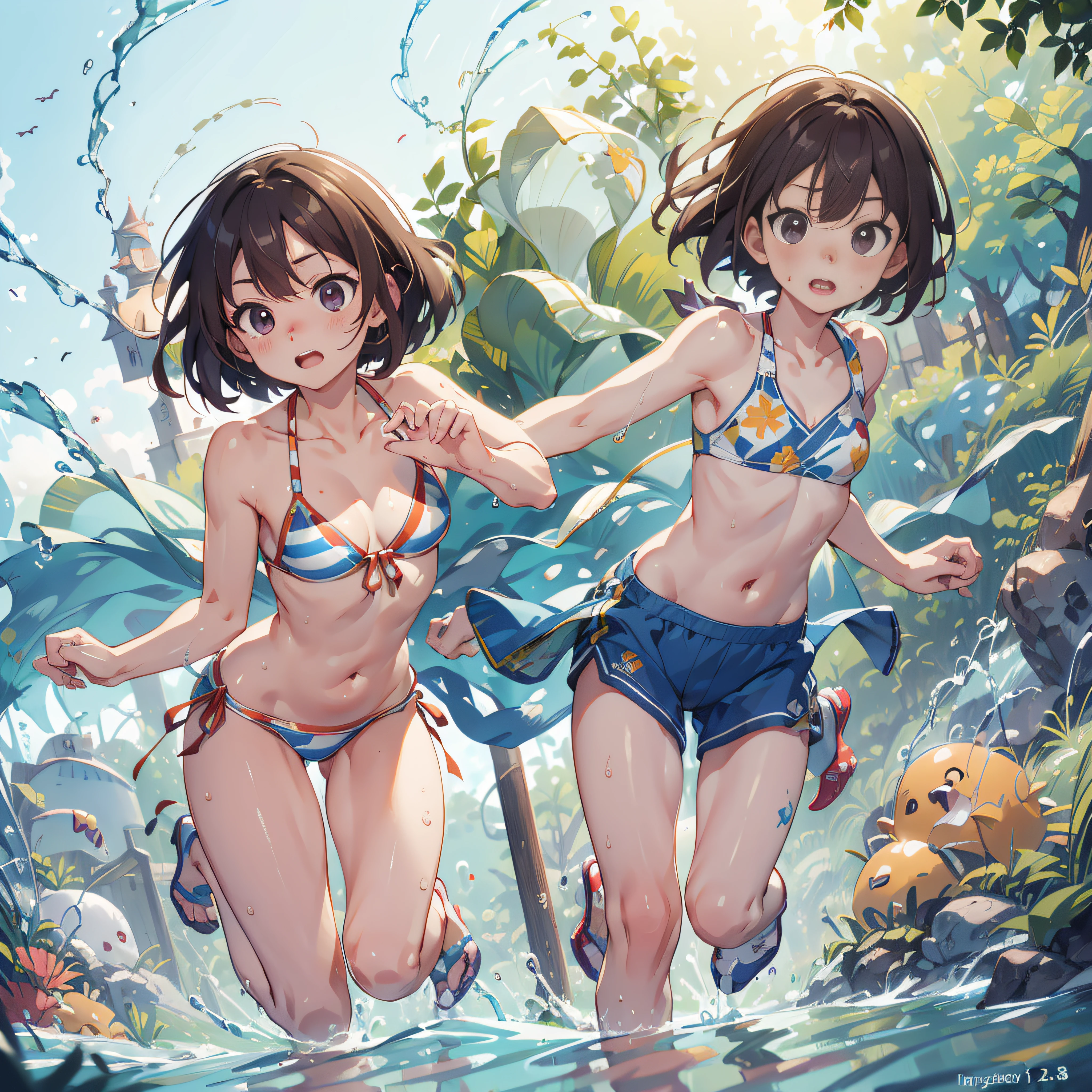The corals,Mid summer,The bikini,under the water:1.5,dutch angle shot,ground-level shot,low angle,full body shot,long shot,Under the sea,diving:1.8,Wet hair,swimming:1.6,(Raw photo: 1.2), (Realism: 1.4), (masutepiece: 1.3), (exquisite detailing: 1.2), kiss,Delicate and beautiful details, (Eye Detail), (Facial Detailed), (Highest Quality) :1.4), (Hyper-Resolution: 1.2), cinematric light, (very detailed illustration), Best Quality,depth of fields, Wide light, natural shadows, reflection.
