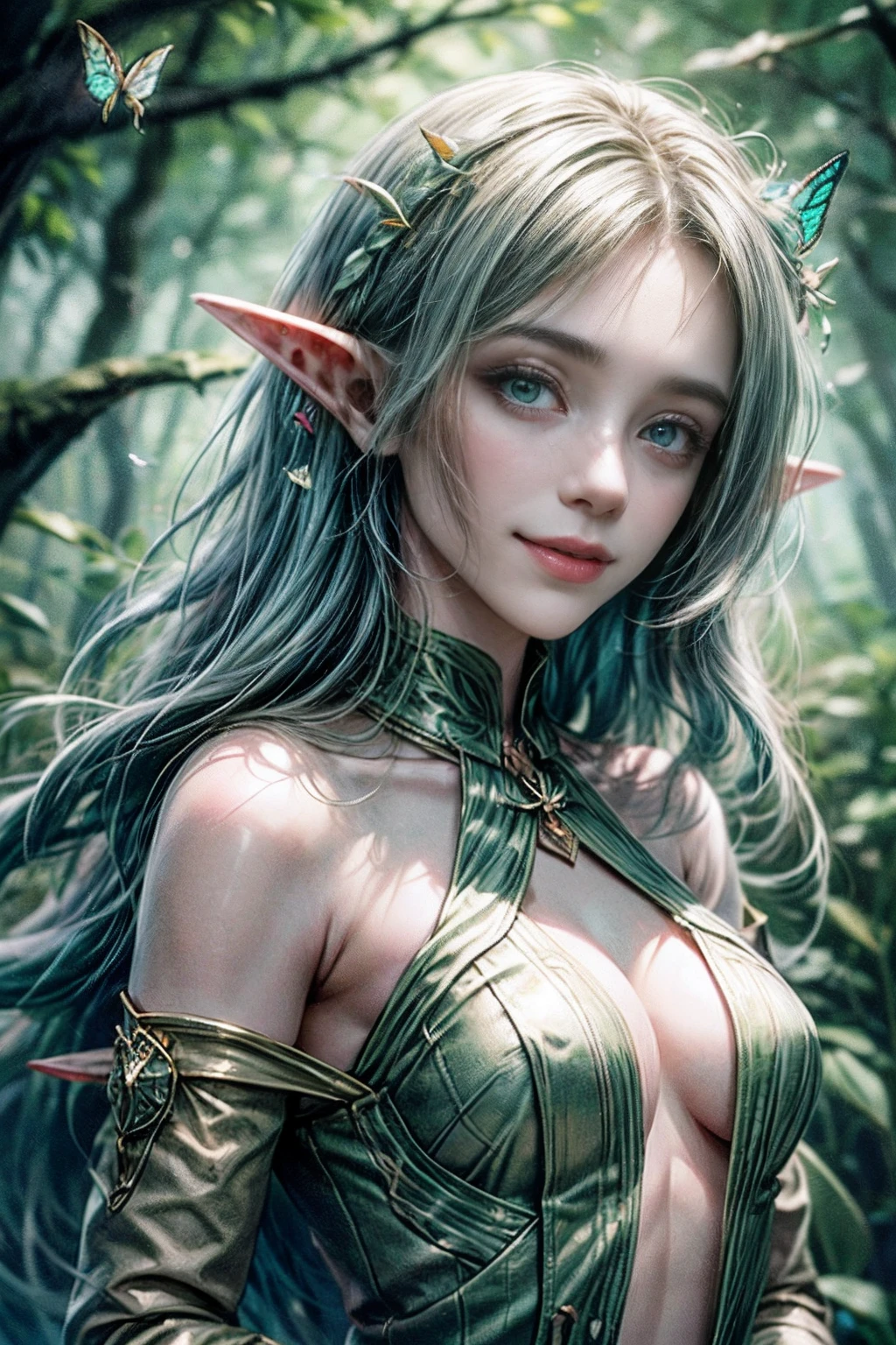 (((Wood Elf, Smiling, catching butterflies in the forest ))) green hair, petite body, Radial glow, white fern flowers, optical, Panoramic illumination, atmospheric perspective, dawning, Smoothing: 5d, Light painting, Color, beatiful face, Clear facial features, symmetrical transparent wings, Stunning details