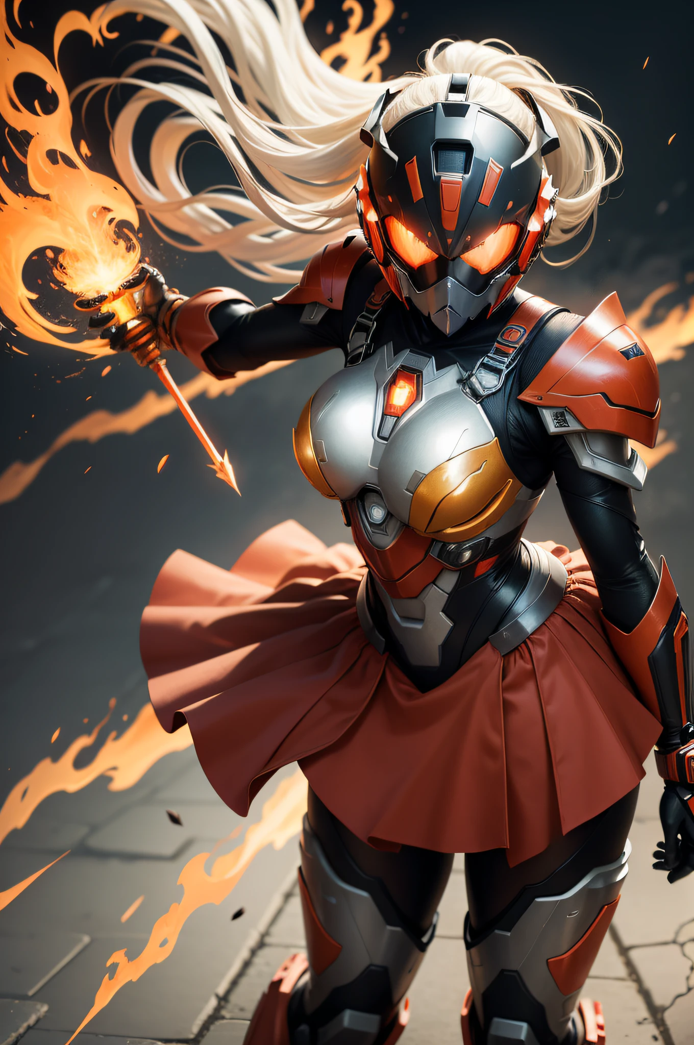Create a costume for the Fire Kamen Rider that radiates power and heat. Describe in detail the predominant colors, the flame patterns on the shoulder pads, gloves and boots, the design of the helmet with a flaming visor and the flame symbol on the chest A mech, silver and white long ponytail, V-shaped mechanical helmet, green light on the eye area, wearing a sexy mech suit, red torn cloak swaying in the wind, a green glowing broad sword