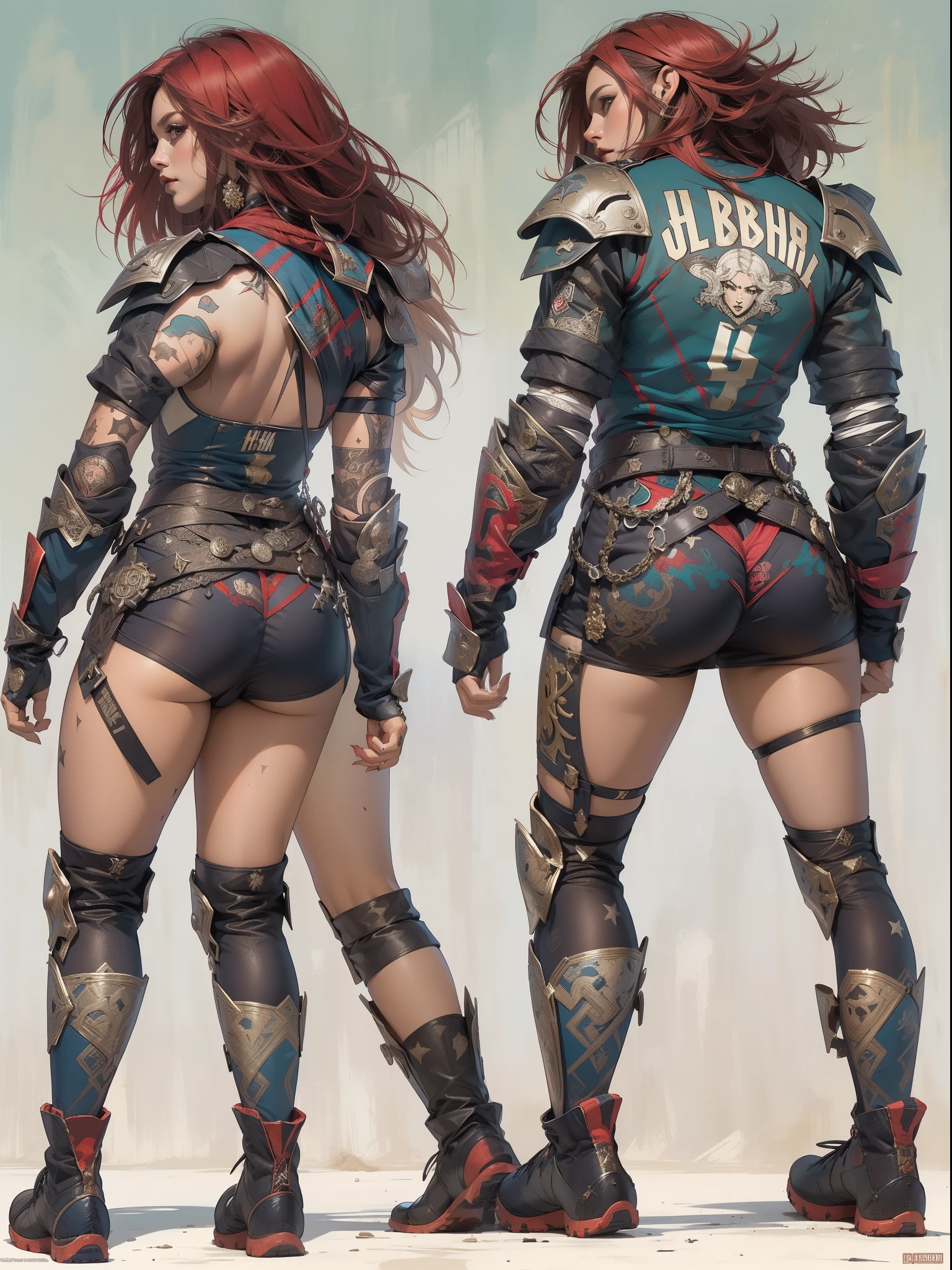 (((mulher))), (((melhor qualidade))), (((obra prima))), (((adulto))), (((1girl))), ((( de costas ))), ((( corte de cabelo bob ))), Uma gladiadora cyberpunk mulher de 25 anos com corpo perfeito, ((( Back view ))), ((( butt ))), shoulder pads with metal spines, Gladiadores do Brooklyn, (( corte de cabelo bob )), tiny leather panties, camiseta de time de rugby rasgada, quase nua no estilo selvagem urbano de Simon Bisley para a capa da revista Heavy Metal, Cabelo loiro curto, Minimum clothing, Metal protection on the left arm with intricate graphics, Dark red with white stars and white and navy blue checkerboard pattern, armadura, cheio de pontas e rebites, (((do joelho pra cima))), cabelos loiro branco curto, no fundo uma parede pintada por Shepard Fairey com um design intrincado