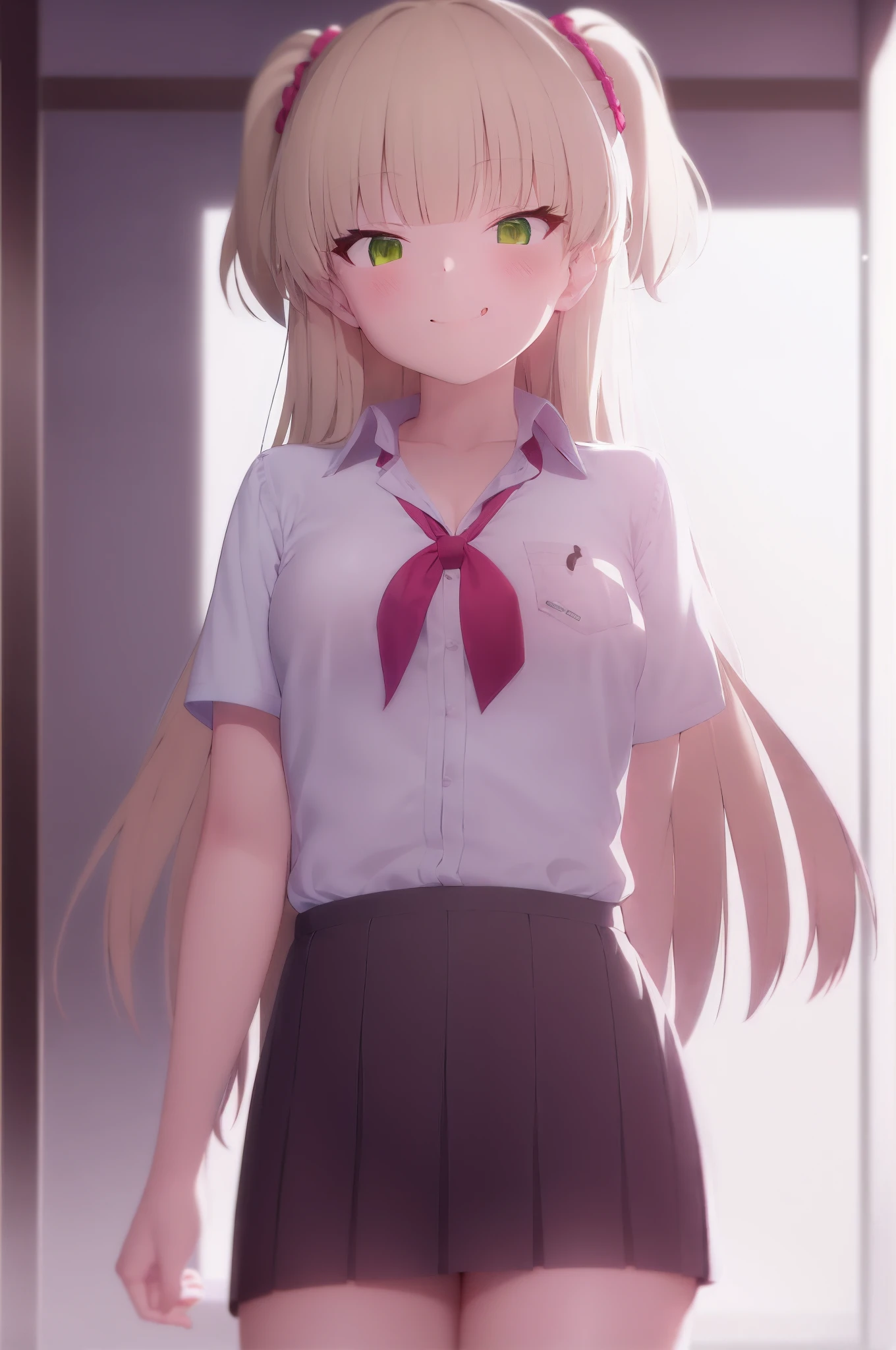 (((masterpiece))), best quality, illustration, (******* girl), 1girl with white long hair, beautiful detailed green eyes, white long straight hair, ((low twintails)), ((cute)), (petite), slim, solo, solo focus, shirt, skirt, full body, <lora:LowTwintailsHelper:0.7>