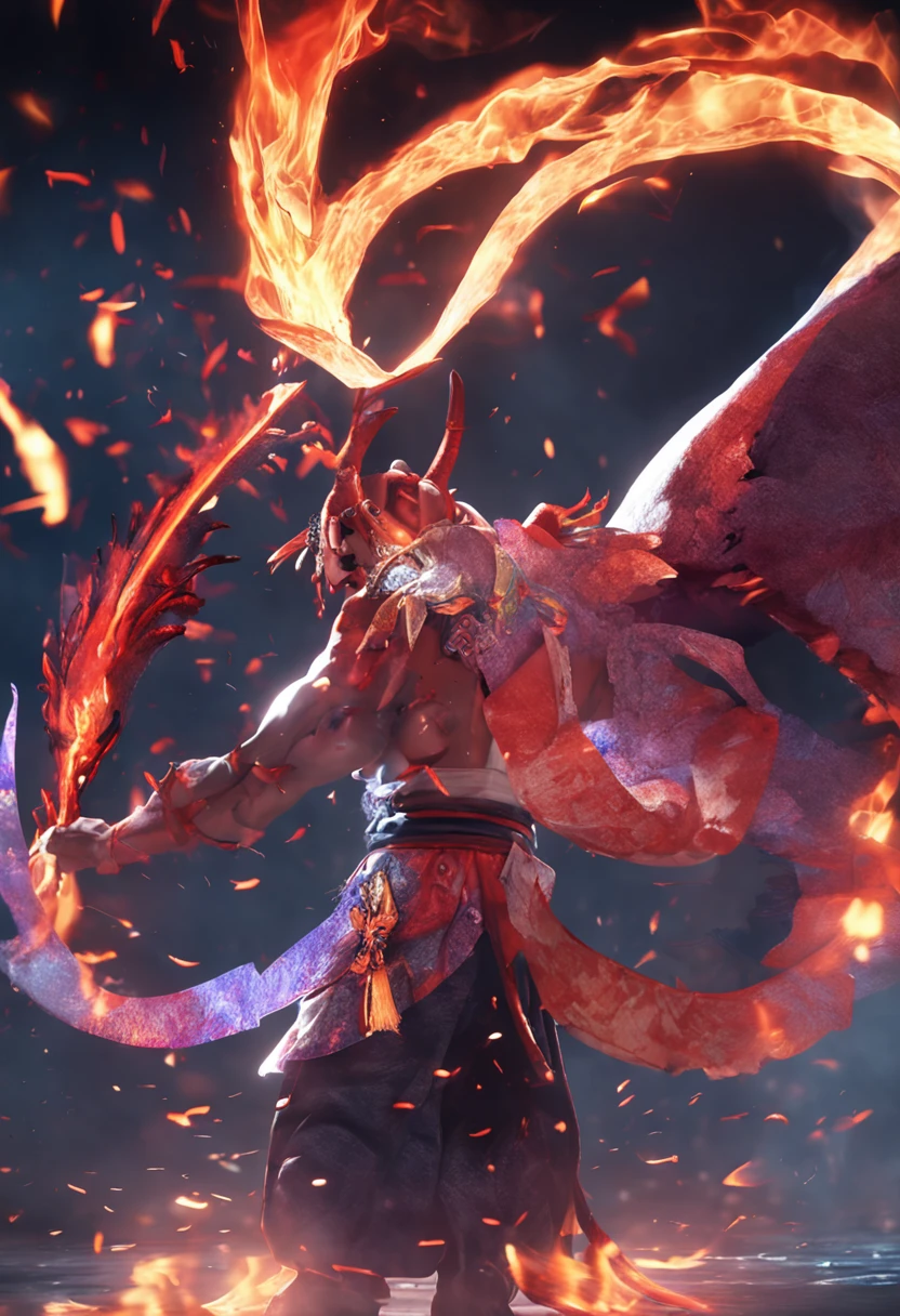 oni, horns, wings, male character, fire user, claws, dracomacer, masterpiece, art, male, kimono clothes