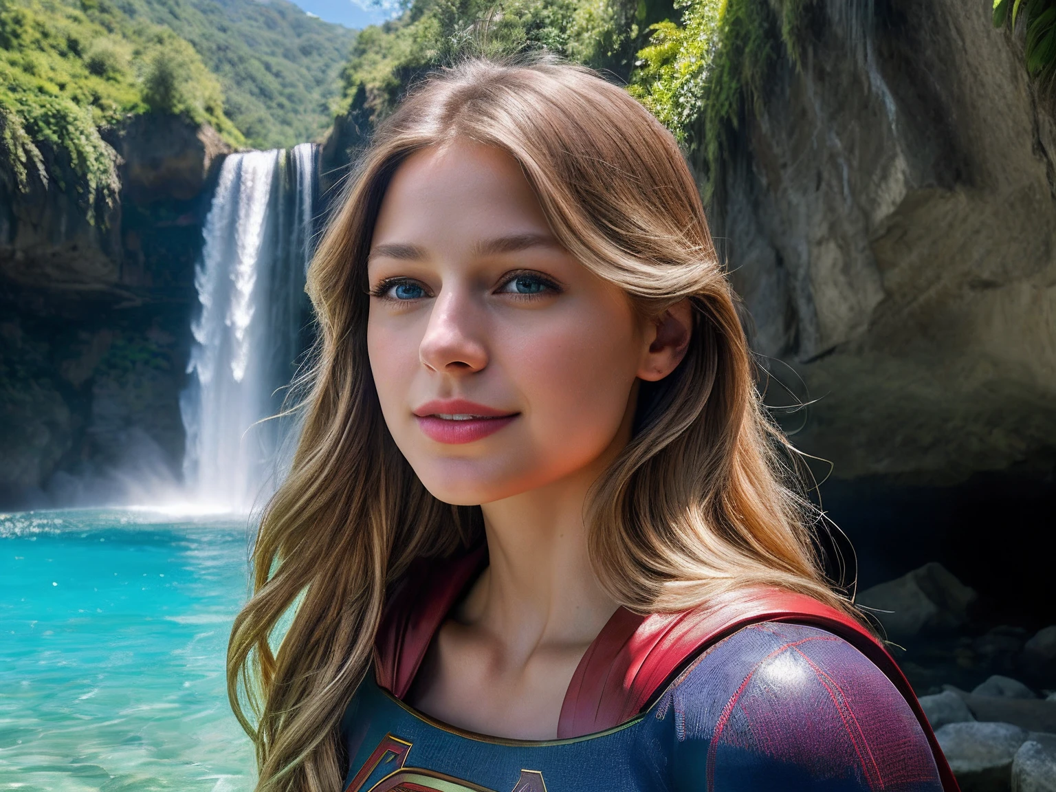 real, photoshoot, realistic, luminescent, atmospheric scene, masterpiece, best quality, (detail skin texture, ultra-detailed body:1.1), RAW photo, (high detailed skin:1.2), 8k uhd, dslr, film grain, Fujifilm XT3,
1girl, melissabenoist-smf, blonde hair, blue eyes, realistic, blurry background, superhero, blurry, long hair, lips, jewelry, upper body, collarbone, solo, red cape, (Melissa benoist as supergirl, blonde hair), (Nestled in a lush, untouched landscape, suoergirl in her supergirl costume stands before the waterfall which cascades with breathtaking beauty. Silver waters plunge from rocky heights, glistening in the sunlight. Lush greenery envelops the scene, a vivid contrast to the crystal-clear pool below. Mist rises like delicate veils, lending an ethereal quality. Nature's masterpiece, a symphony of water and life, captivates all who gaze upon its awe-inspiring grandeur), solo focus, depth of field, (smile:1.2), looking at viewer, sunlight rays, armor