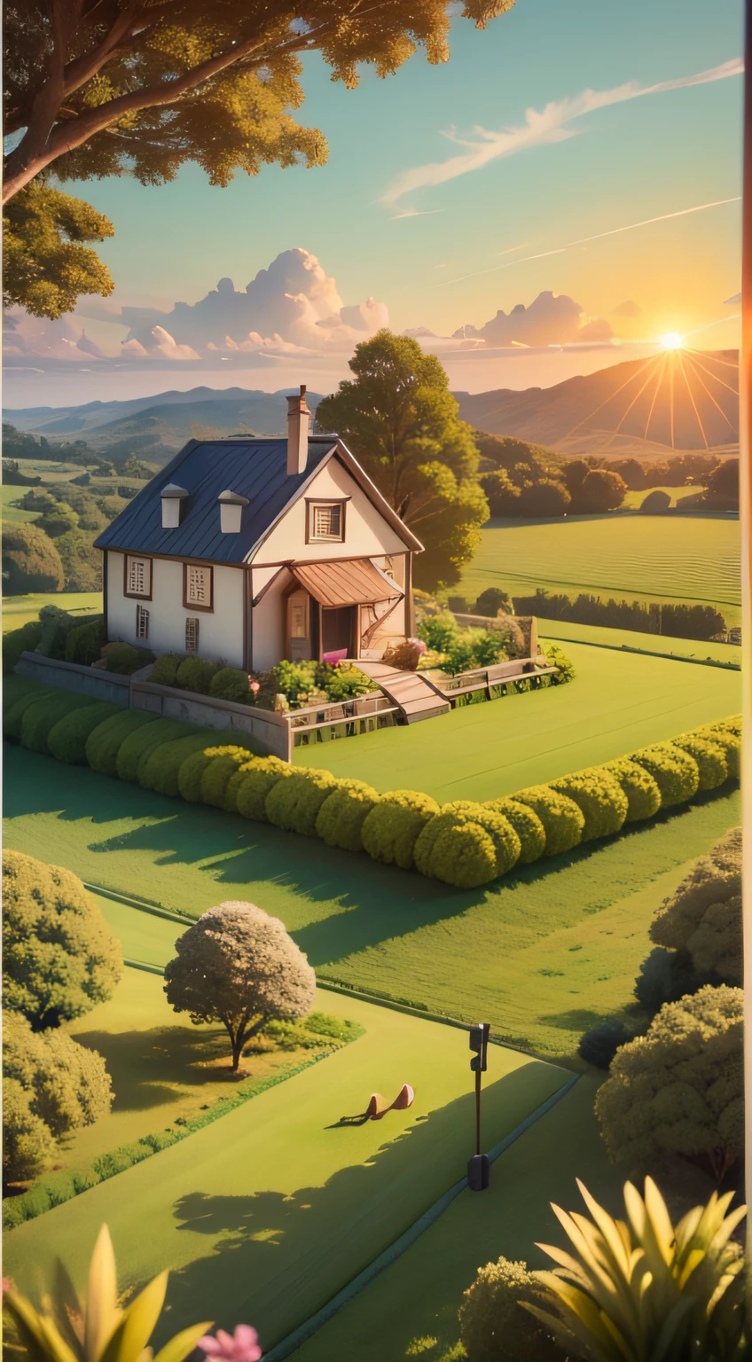 Fundo: Amanhecer suave com cores quentes e suaves.
Enquadramento: Broad view of a bucolic setting, com um campo e uma pequena casa.
animification: The sun rises slowly as the lyrics of the song begin to be sung.