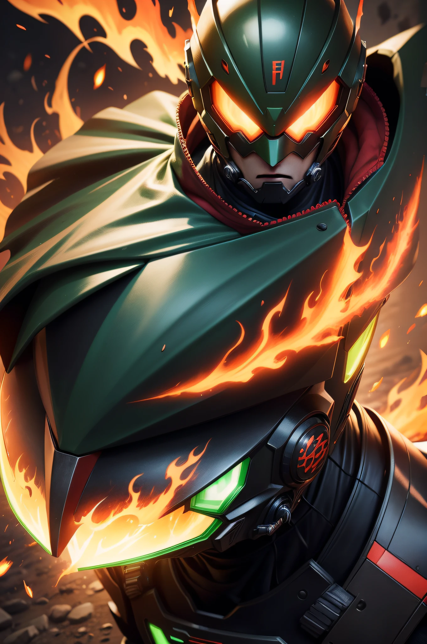 Create a costume for the Fire Kamen Rider boy that radiates power and heat. Describe in detail the predominant colors, the flame patterns on the shoulder pads, gloves and boots, the design of the helmet with a flaming visor and the flame symbol on the chest A mech, V-shaped mechanical helmet, green light on the eye area, wearing a mech suit, red torn cloak swaying in the wind, a green glowing broad sword green light lights