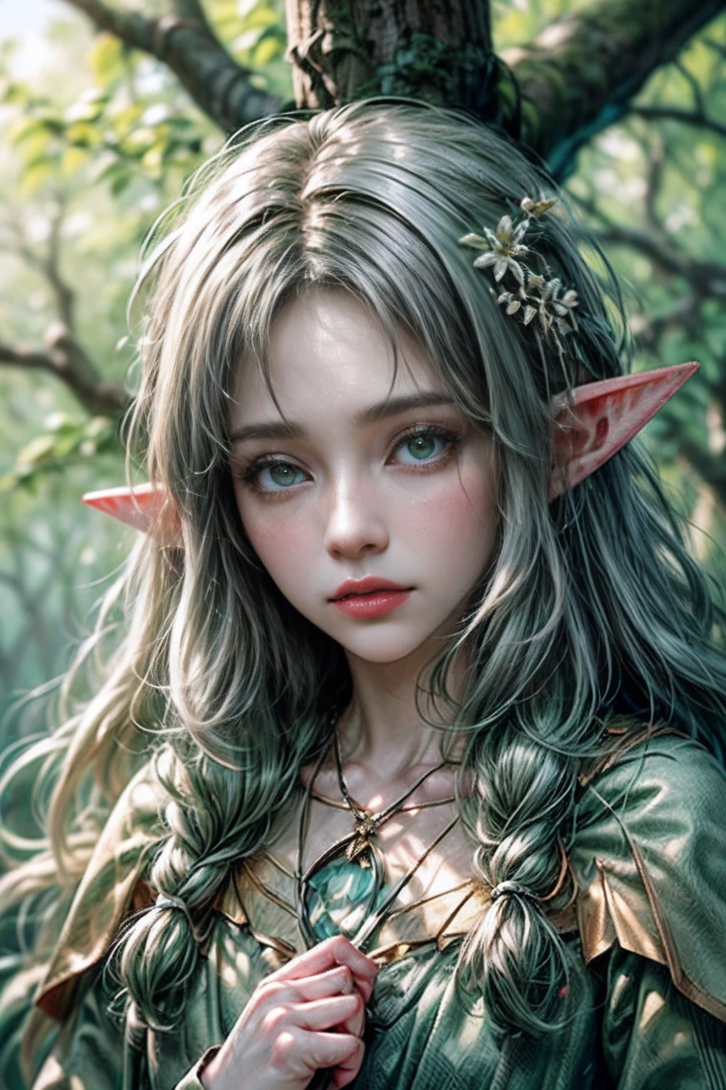 (((Wood Elf, sleeps on the branches of a tree))) green hair, petite body, Radial glow, white fern flowers, optical, Panoramic illumination, atmospheric perspective, dawning, Smoothing: 5d, Light painting, Color, beatiful face, Clear facial features, symmetrical transparent wings, Stunning details