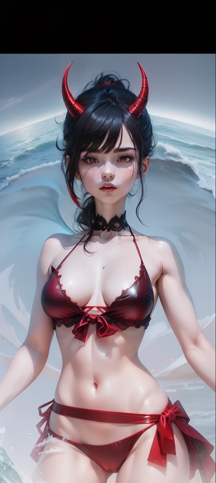 There is a demon angel with horns on his head in a dark red and transparent black, who wears a swimsuit.