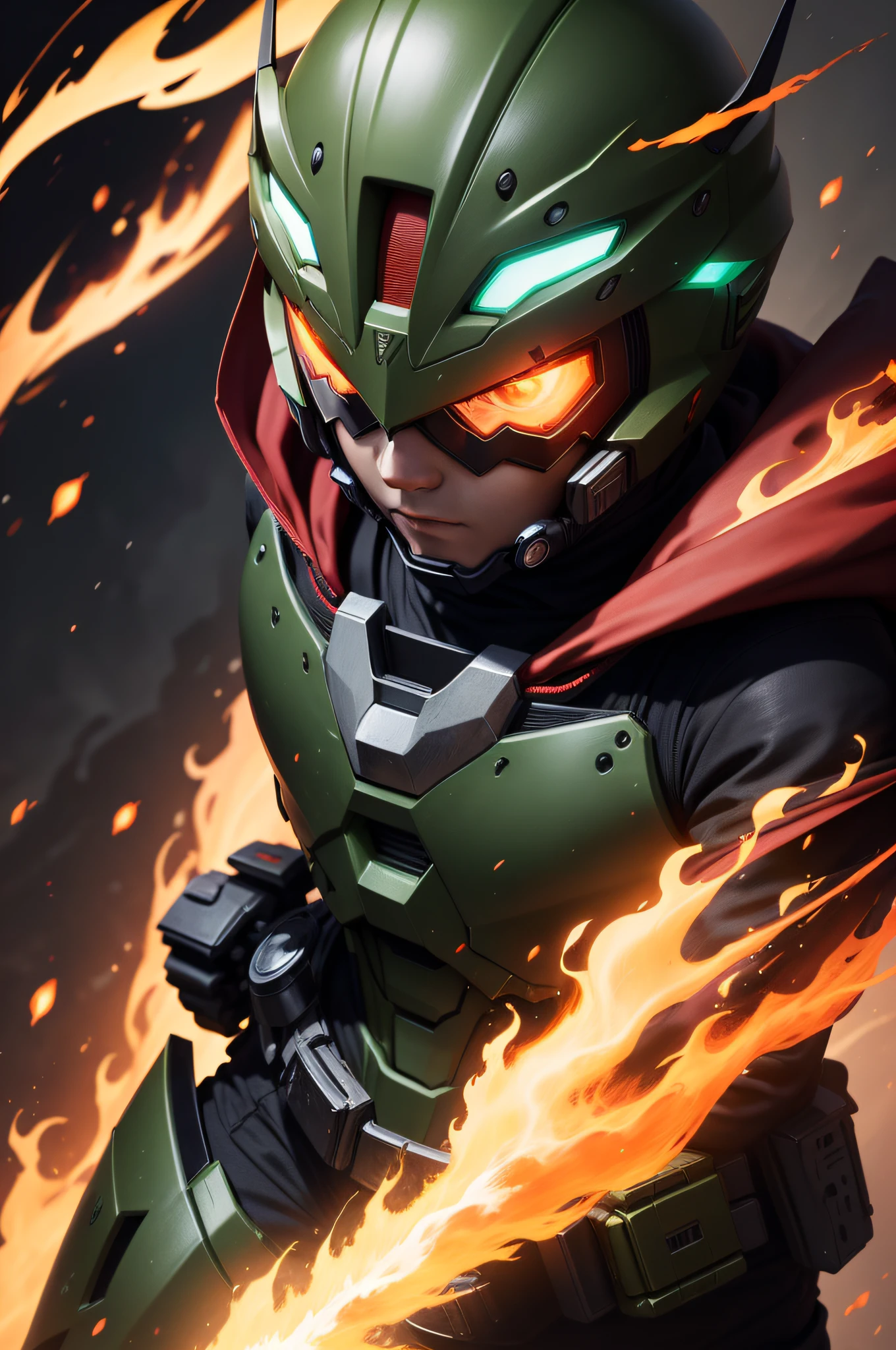 Create a costume for the Fire Kamen Rider boy that radiates power and heat. Describe in detail the predominant colors, the flame patterns on the shoulder pads, gloves and boots, the design of the helmet with a flaming visor and the flame symbol on the chest A mech, V-shaped mechanical helmet, green light on the eye area, wearing a mech suit, red torn cloak swaying in the wind, a green glowing broad sword green light lights