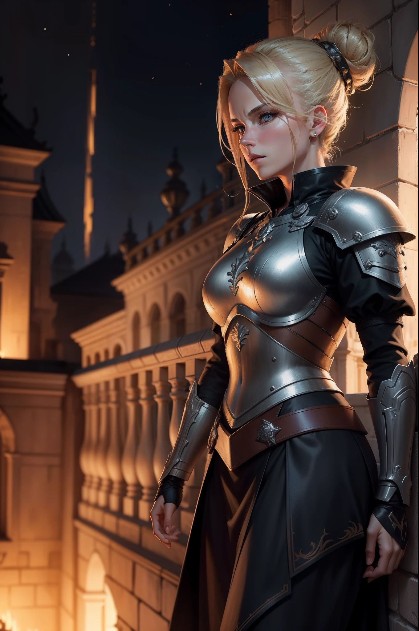 realistic 8k image of a beautiful woman, with light eyes, blonde hair tied in a bun, dressed in black rpg warrior clothes and shoulder pads, expression of relief, on an external balcony of a royal palace, night, anime style art