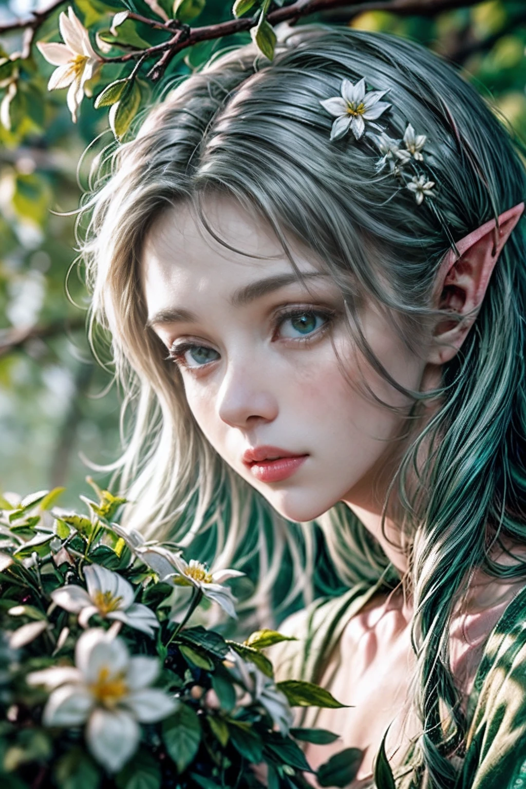 (((Wood elf bathes in the river and smiles, Fireflies fly around))) green hair, petite body, Radial glow, optical, Panoramic illumination, atmospheric perspective, dawning, Smoothing: 5d, Light painting, Color, beatiful face, Clear facial features, symmetrical transparent wings, Stunning details