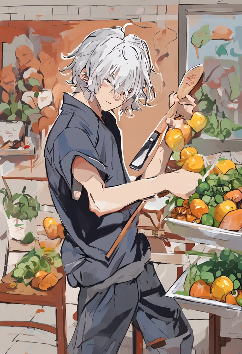 Image of Alafard of a man holding a tennis racket and a box of food, Inspired by Bian Shoumin, white haired Cangcang, White-haired, 2 0 2 2 anime style, 2022 anime style, kaworu nagisa, Tall anime guy with blue eyes, xqc, inspired by Kun Can, Silver hair (pony tails), High-quality fanart