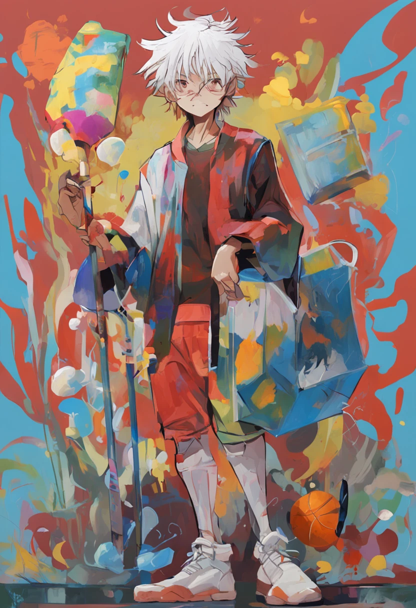 Image of Alafard of a man holding a tennis racket and a box of food, Inspired by Bian Shoumin, white haired Cangcang, White-haired, 2 0 2 2 anime style, 2022 anime style, kaworu nagisa, Tall anime guy with blue eyes, xqc, inspired by Kun Can, Silver hair (pony tails), High-quality fanart