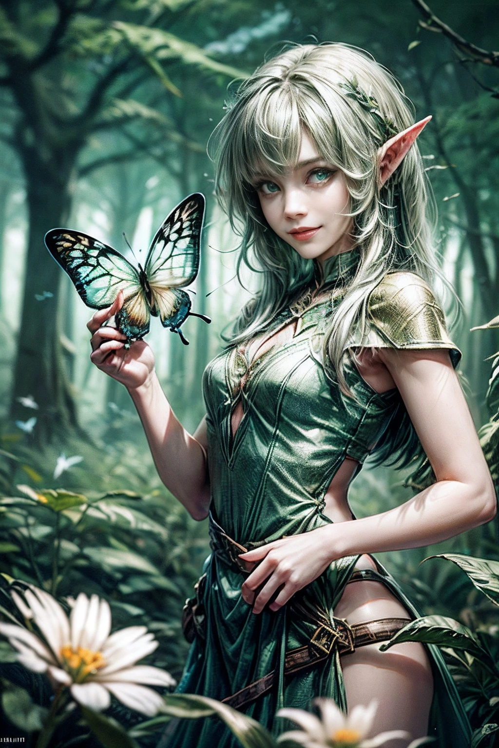 (((Wood Elf, Smiling, playing with butterflies in the forest ))) green hair, petite body, Radial glow, white fern flowers, optical, Panoramic illumination, atmospheric perspective, dawning, Smoothing: 5d, Light painting, Color, beatiful face, Clear facial features, symmetrical transparent wings, Stunning details