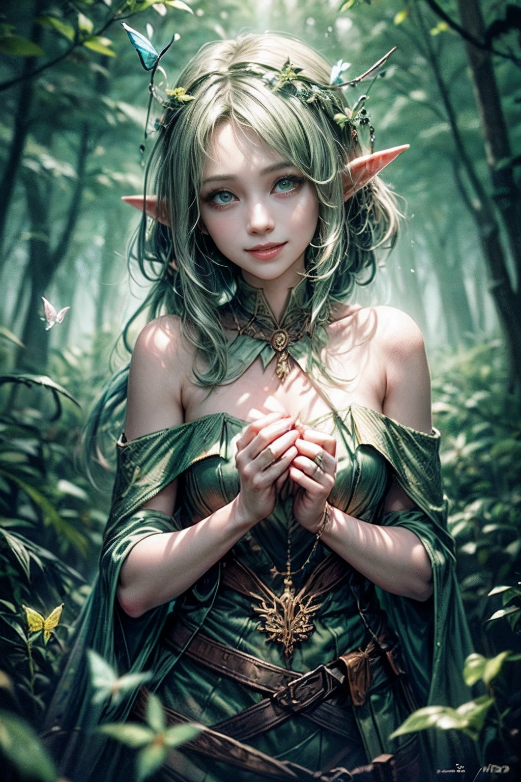 (((Wood Elf, Smiling, playing with butterflies in the forest ))) green hair, petite body, Radial glow, white fern flowers, optical, Panoramic illumination, atmospheric perspective, dawning, Smoothing: 5d, Light painting, Color, beatiful face, Clear facial features, symmetrical transparent wings, Stunning details